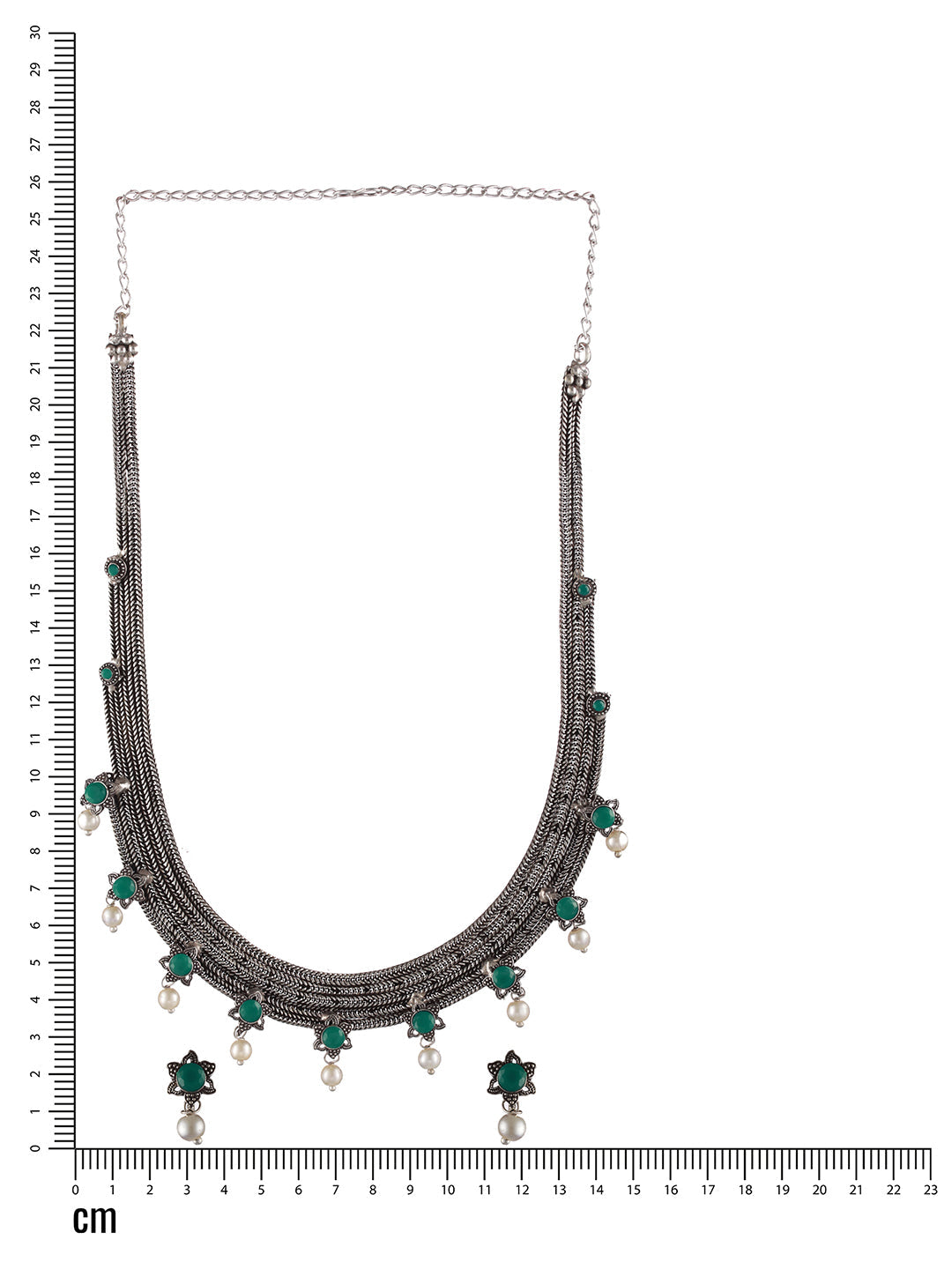 Oxidised Silver-Tone Green Stone Studded & Pearl Beaded Jewellery Set