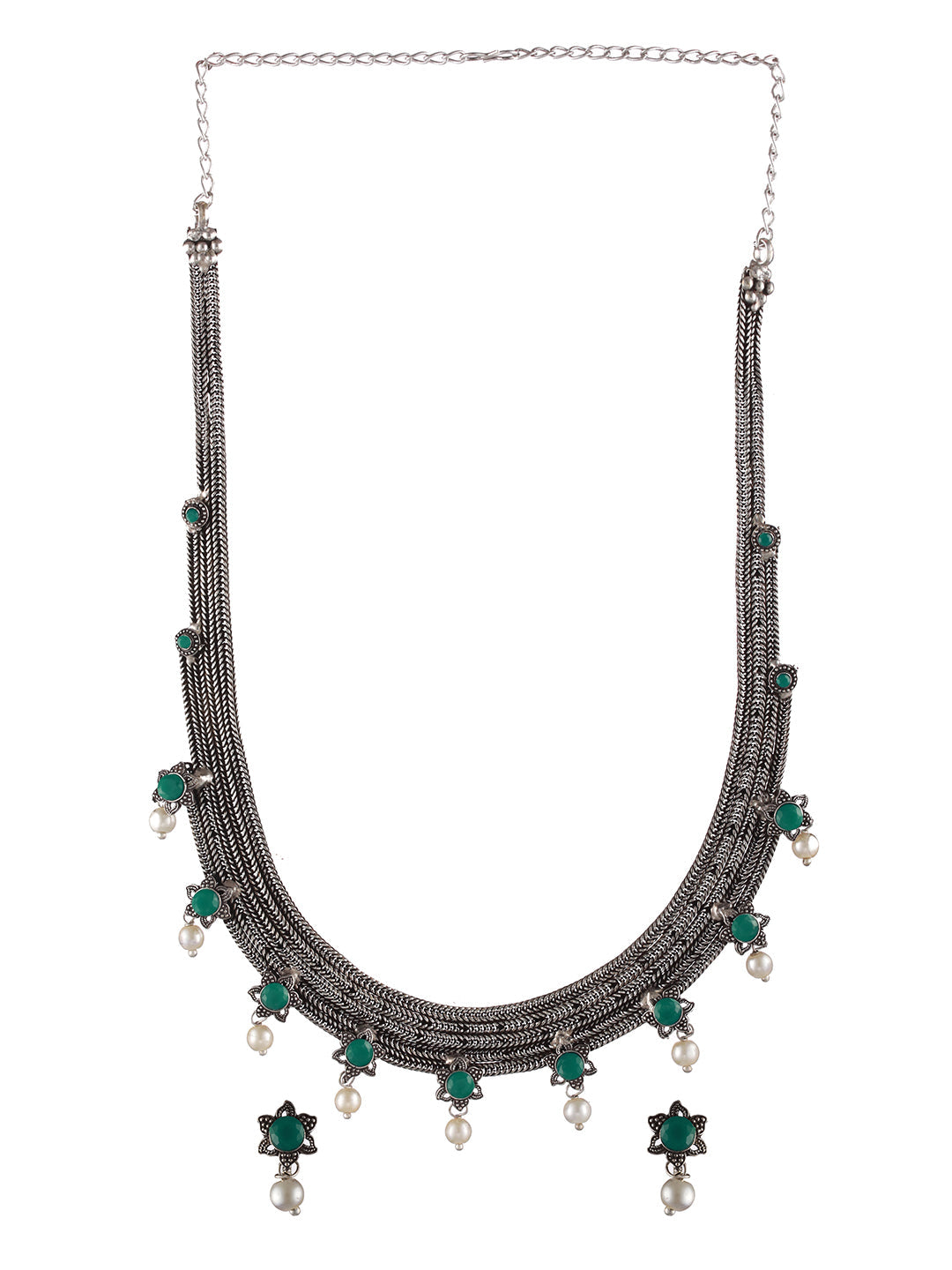 Oxidised Silver-Tone Green Stone Studded & Pearl Beaded Jewellery Set