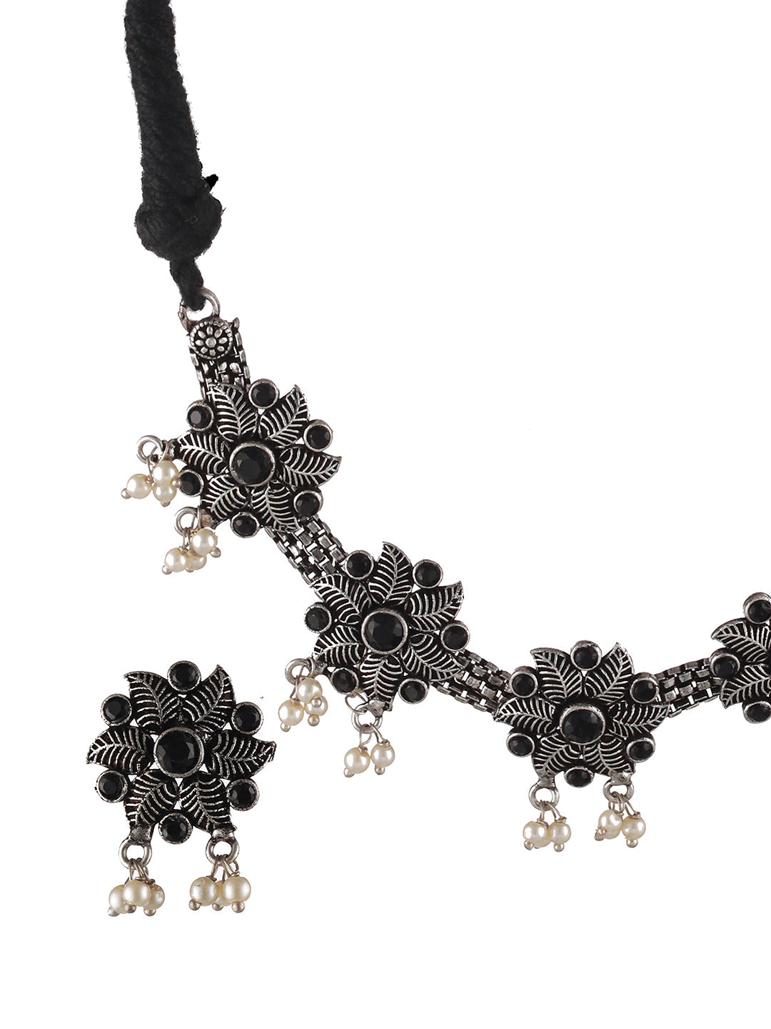 Oxidised Silver-Tone Black Stone Studded & Pearl Beaded Floral Jewellery Set