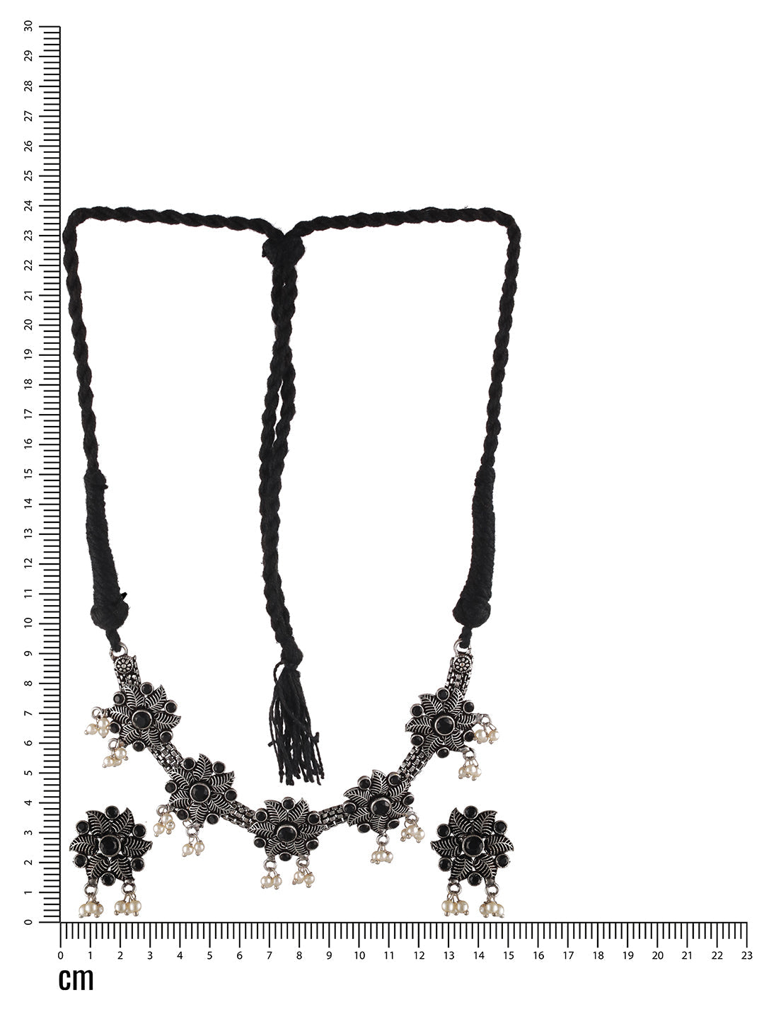 Oxidised Silver-Tone Black Stone Studded & Pearl Beaded Floral Jewellery Set
