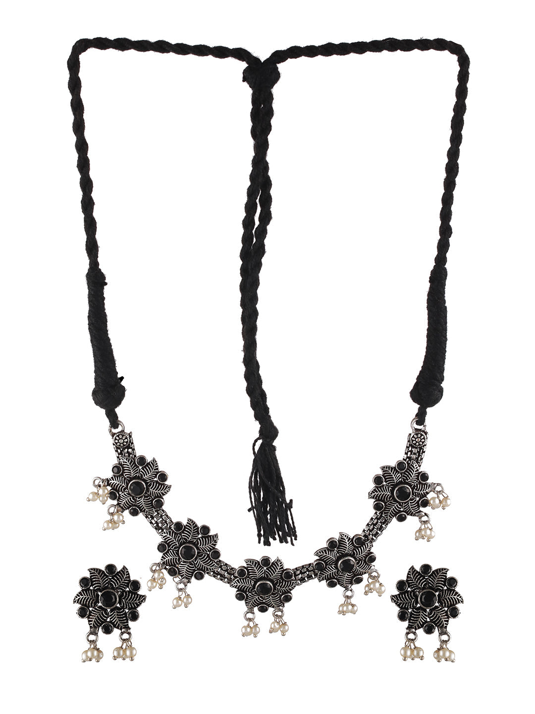 Oxidised Silver-Tone Black Stone Studded & Pearl Beaded Floral Jewellery Set