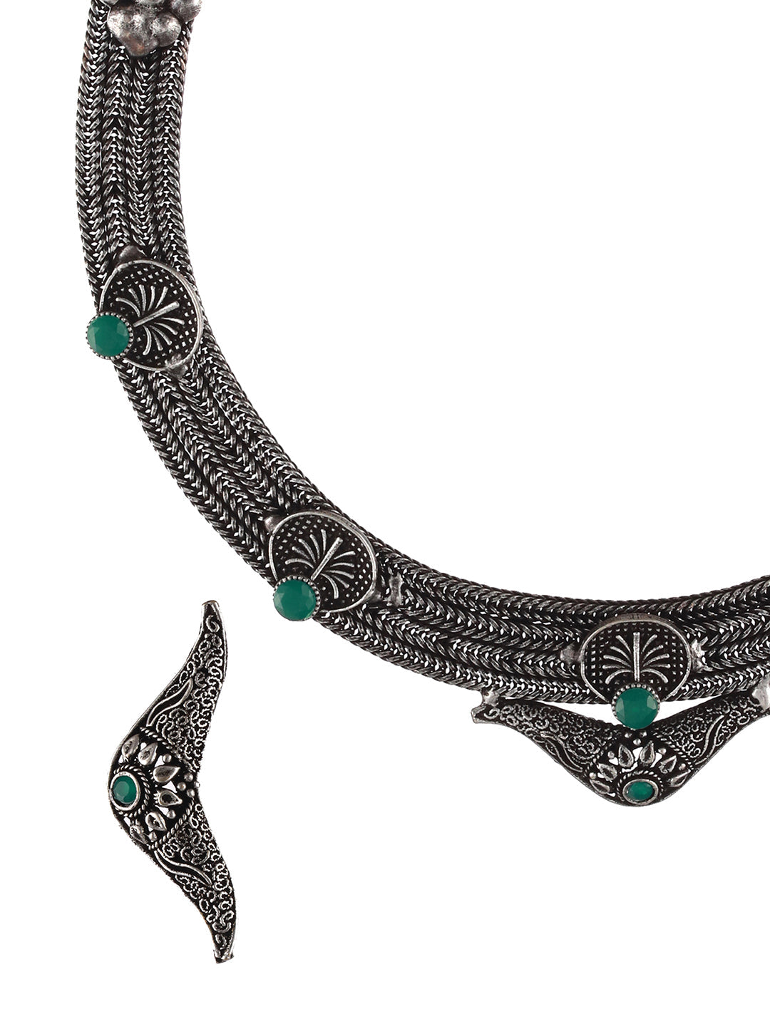 Oxidised Silver-Tone Green Stone Studded Filgree Jewellery Set