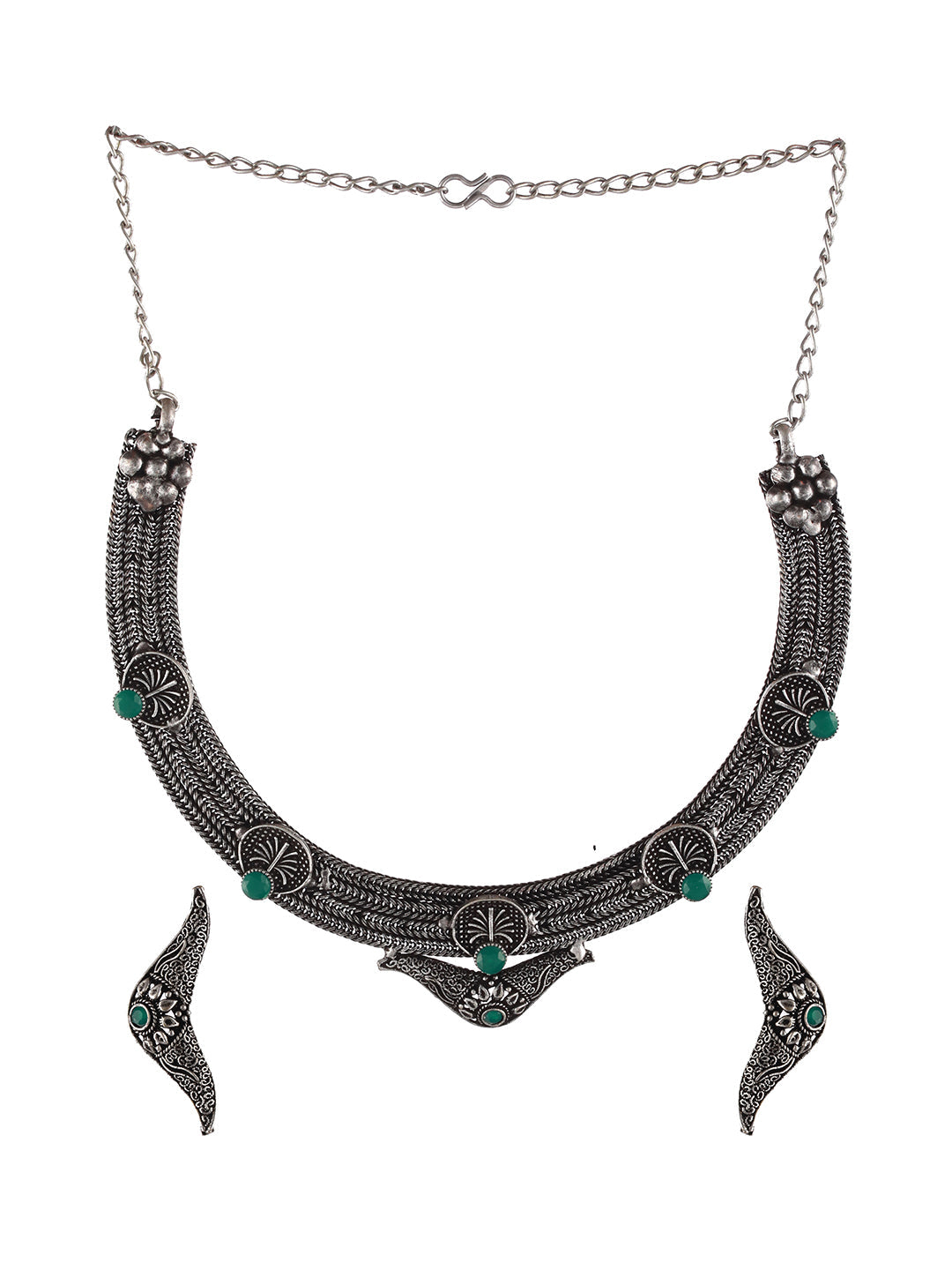 Oxidised Silver-Tone Green Stone Studded Filgree Jewellery Set