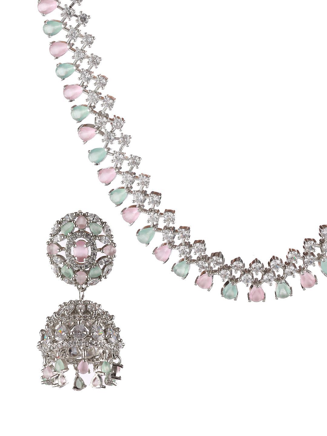 Silver Plated Pink & Mint Green American Diamond Studded Handcrafted Necklace Set With Maangtikka