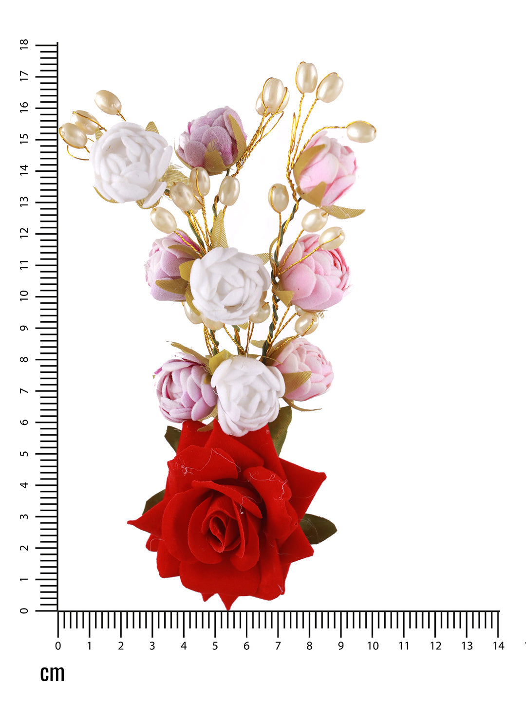 Women Red Rose Wth White & Mauve Embellished Artificial Flower & Pearl Beaded Gajra Designed Hair Pin