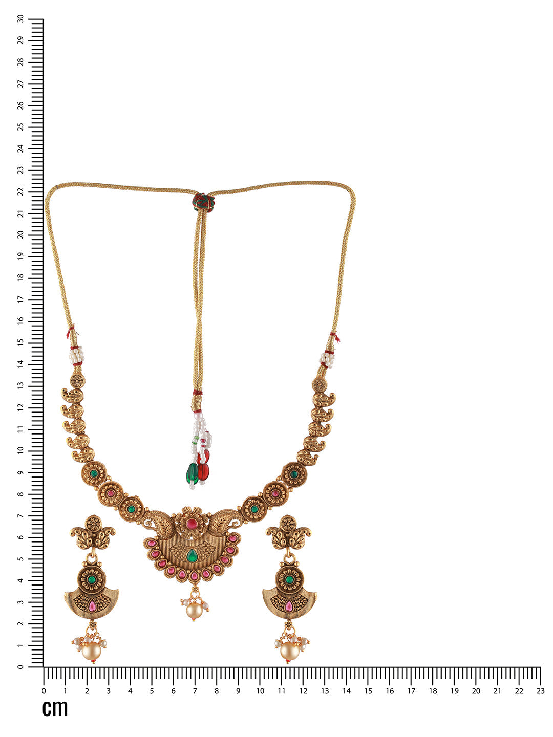 Gold-Plated Red & Green Stone Studded & Pearl Drop Handcrafted Jewellery Set