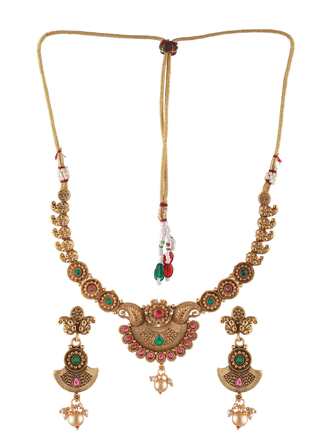 Gold-Plated Red & Green Stone Studded & Pearl Drop Handcrafted Jewellery Set