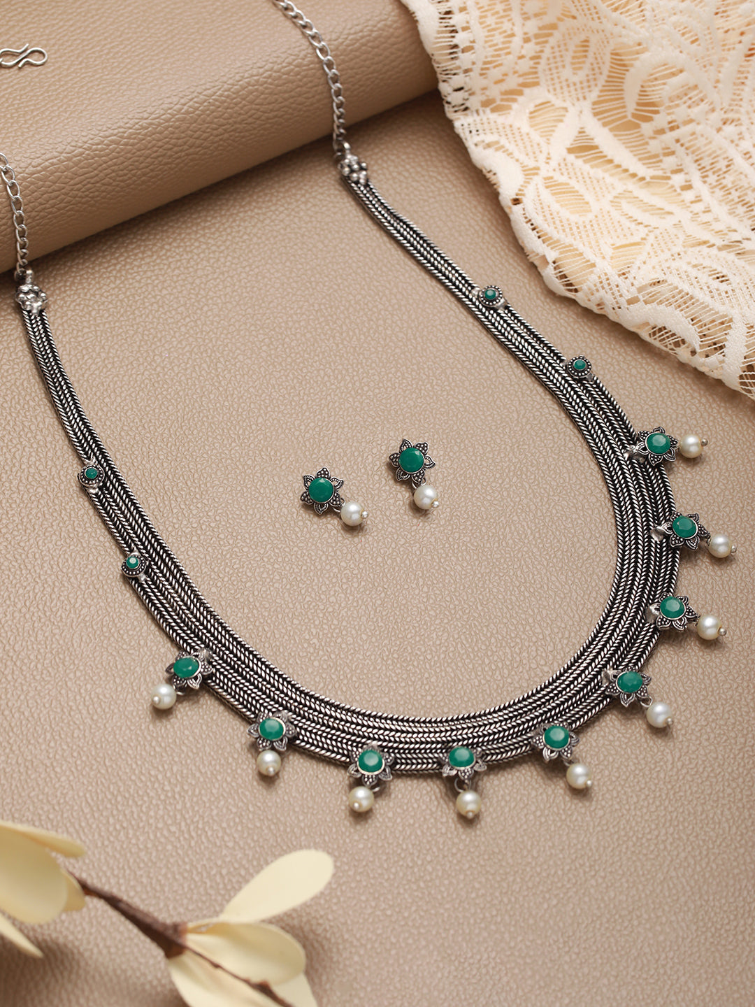 Oxidised Silver-Tone Green Stone Studded & Pearl Beaded Jewellery Set