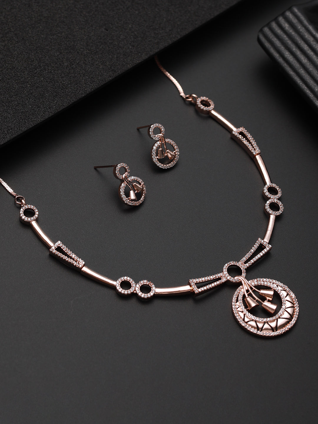 Rosegold-Plated Rose Gold Cz Studded Round Jewellery Set