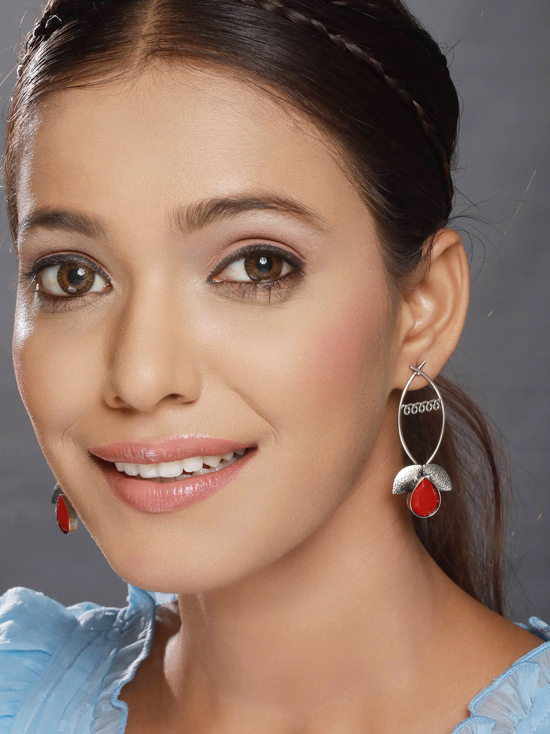 Red Stone Studded & Lef Shaped Contemporary Drop Earrings