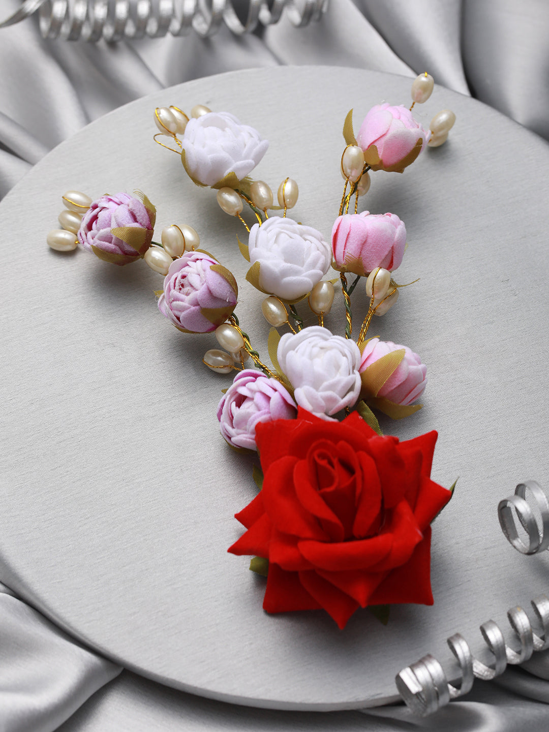 Women Red Rose Wth White & Mauve Embellished Artificial Flower & Pearl Beaded Gajra Designed Hair Pin
