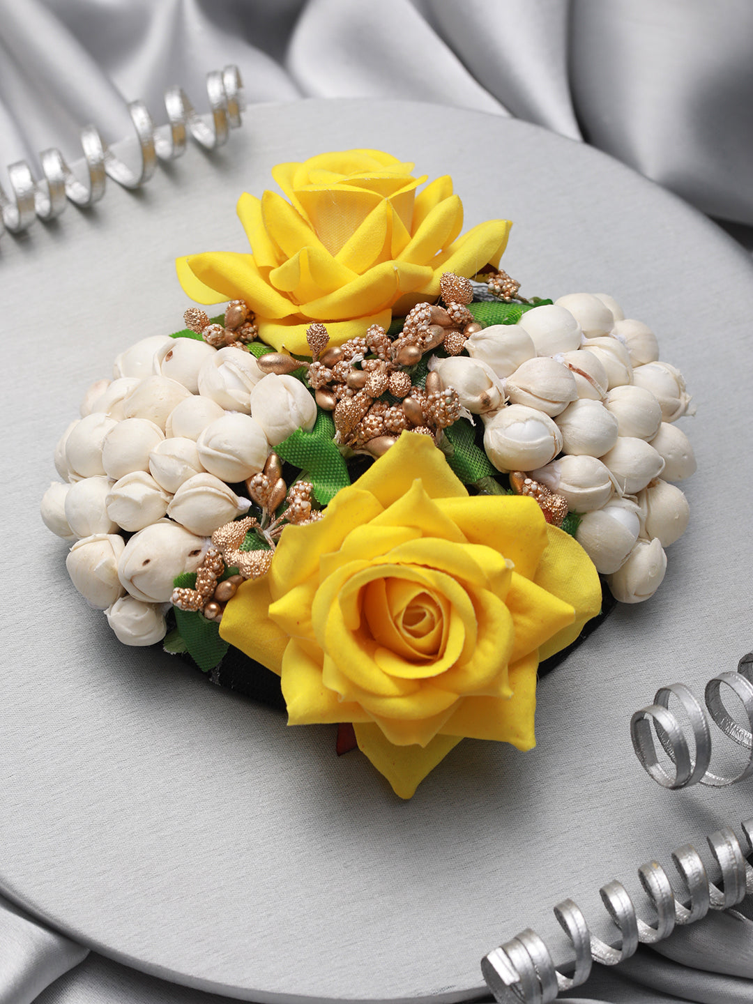 Women Yellow Rose & White Mogra Embellished Artificial Flower Gajra Designed Hair Bun Cover