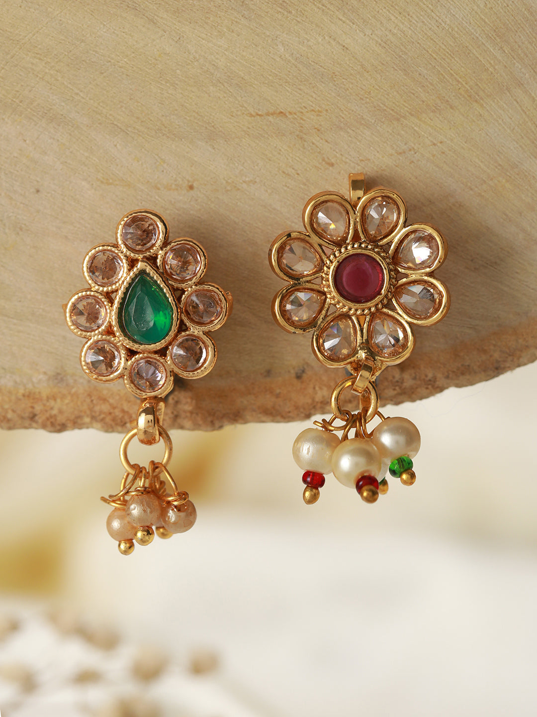 Set Of 2 Gold-Plated Red & Green Kundan Studded Floral & Round Shaped Nose Pin