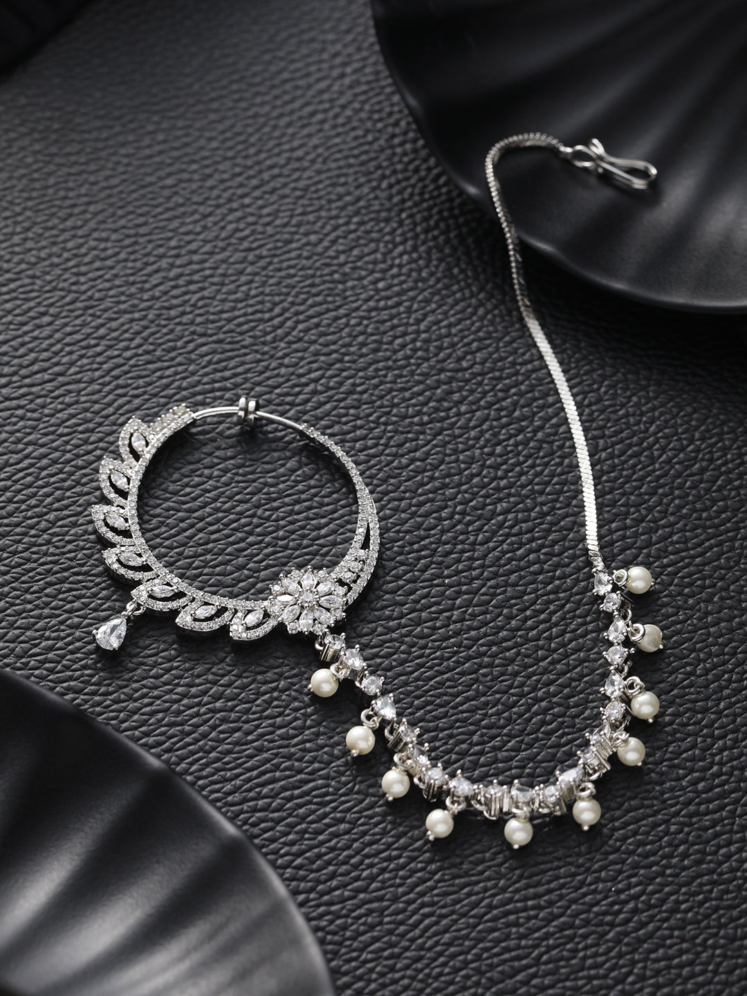Silver Plated White Floral American Diamond Studded Handcrafted Nose Ring With Pearl Drop Chain