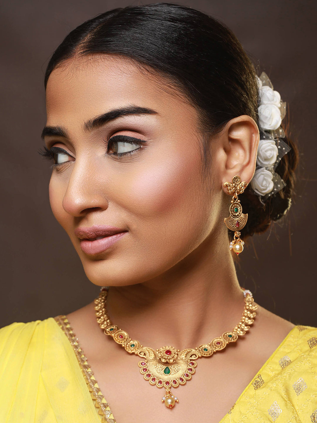 Gold-Plated Red & Green Stone Studded & Pearl Drop Handcrafted Jewellery Set