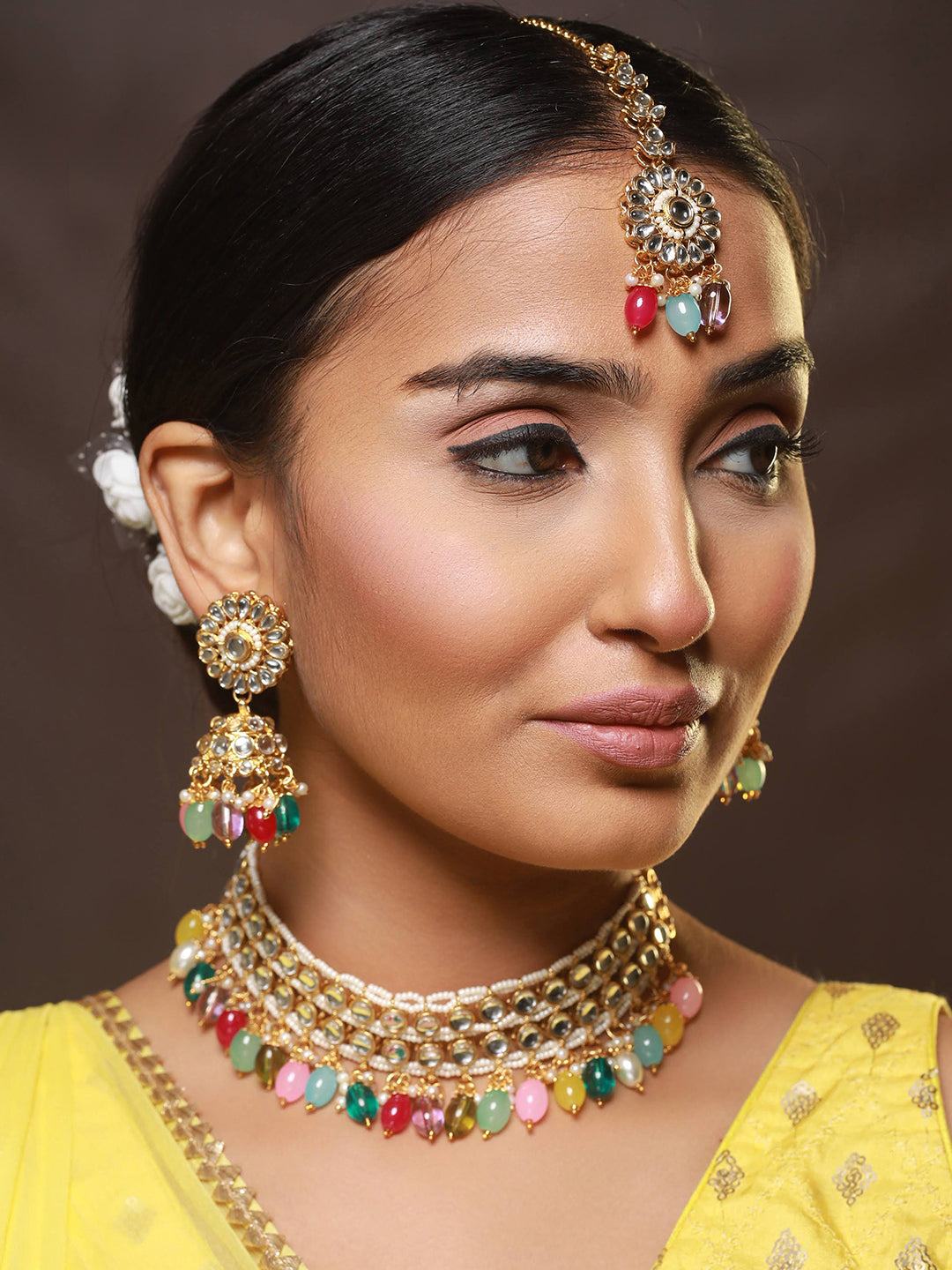Gold-Plated Multicolored Kundan Studded & Pearl Beaded Choker Jewellery Set With Maangtikka