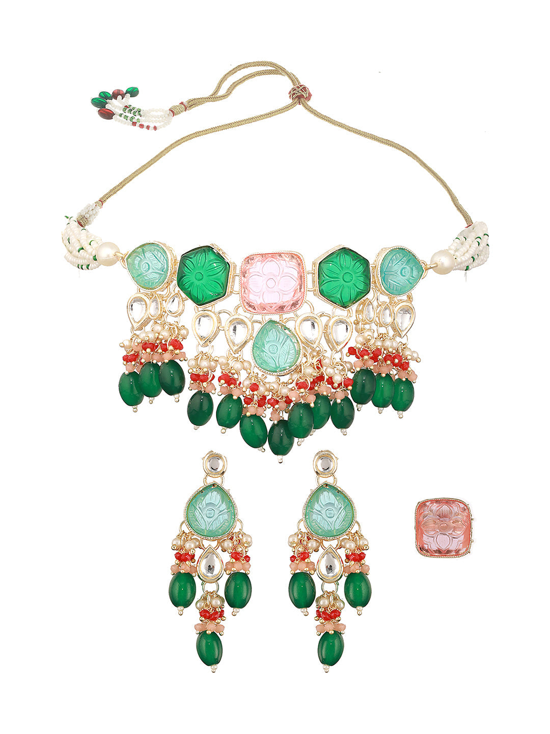 Jazz And Sizzle Gold-Plated Stone-Studded & Onyx Beaded Jewellery Set With Ring