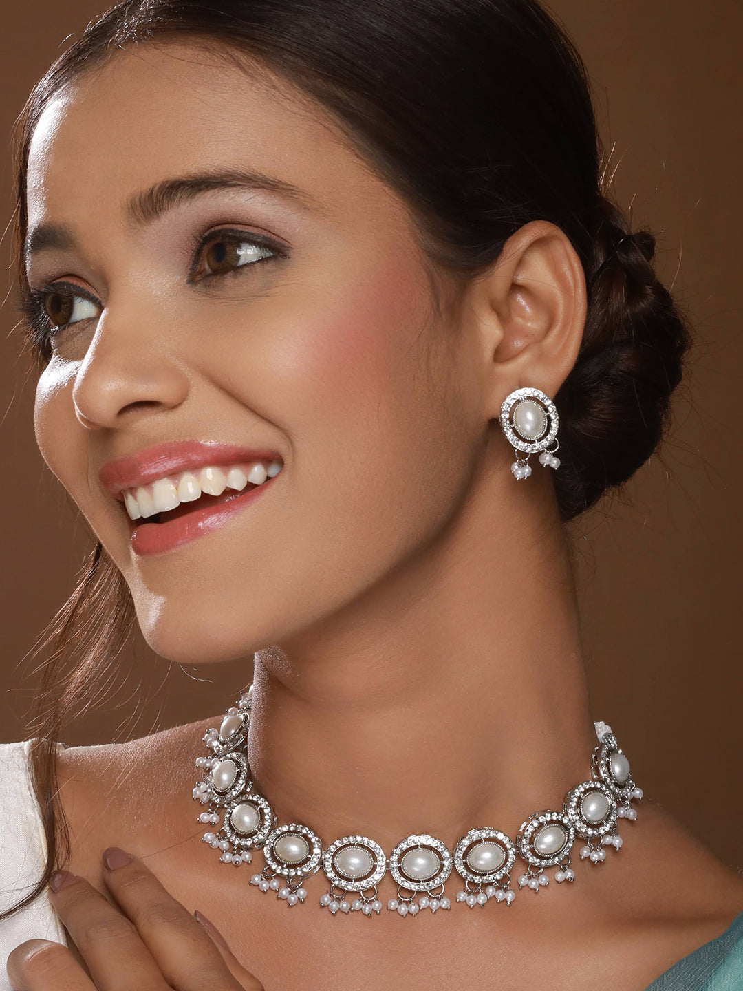 Silver-Plated Cz Stone-Studded & Pearl Beaded Jewellery Set