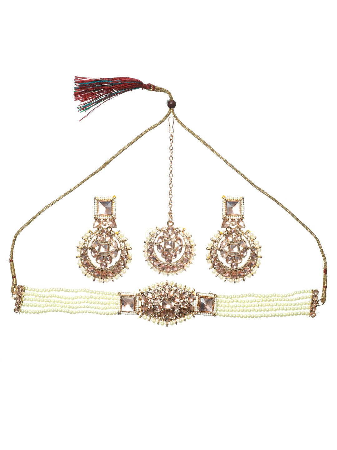 Gold-Plated & White Kundan Studded & Beaded Choker Jewellery Set