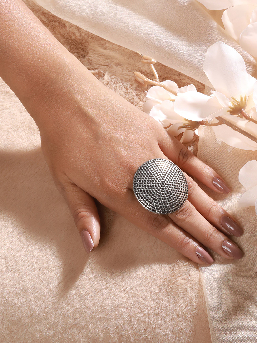Silver-Toned Oxidized Round Finger Ring