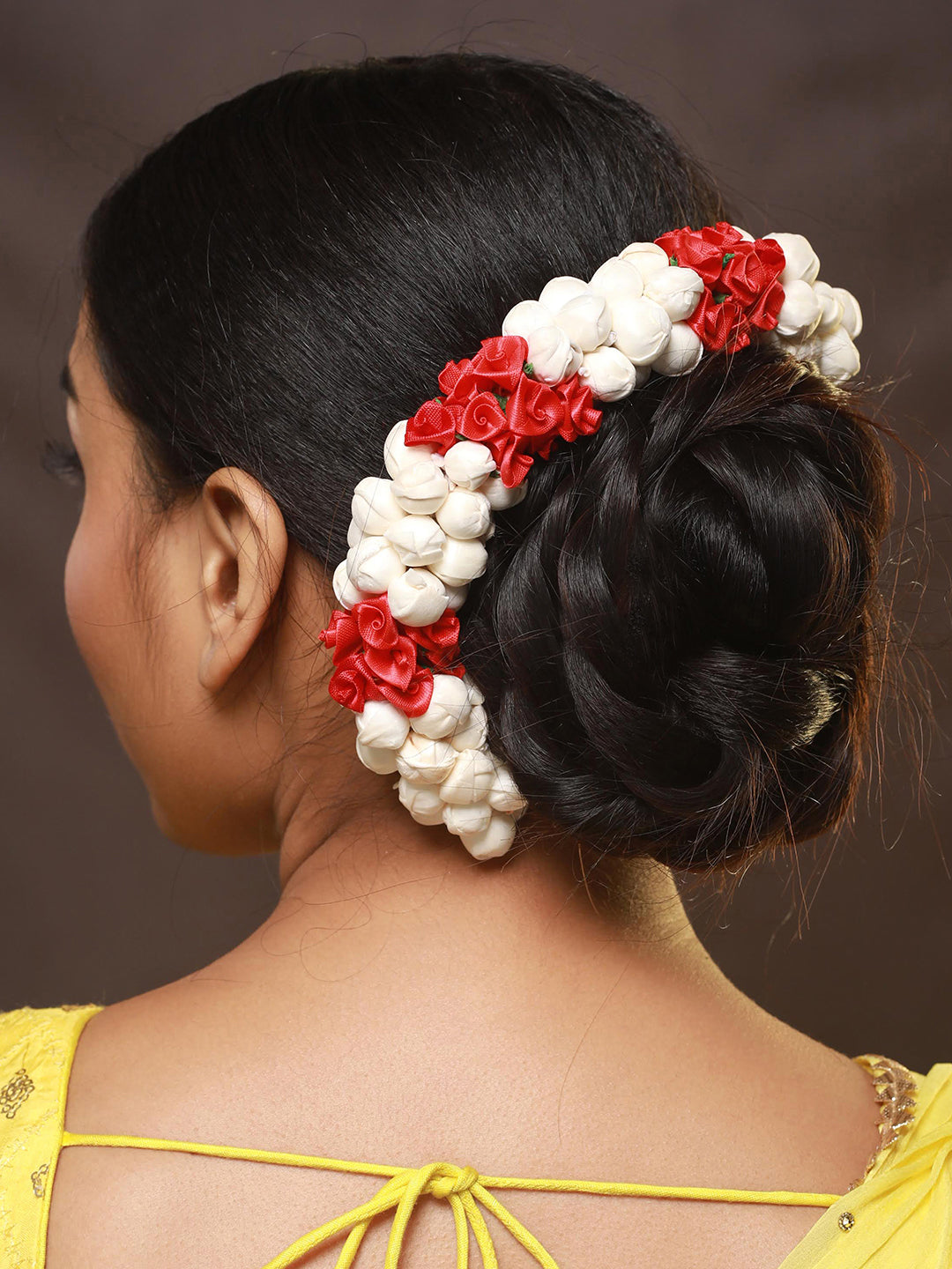 Women Red Rose & White Mogra Artificial Flower Gajra Floral Hair Bun
