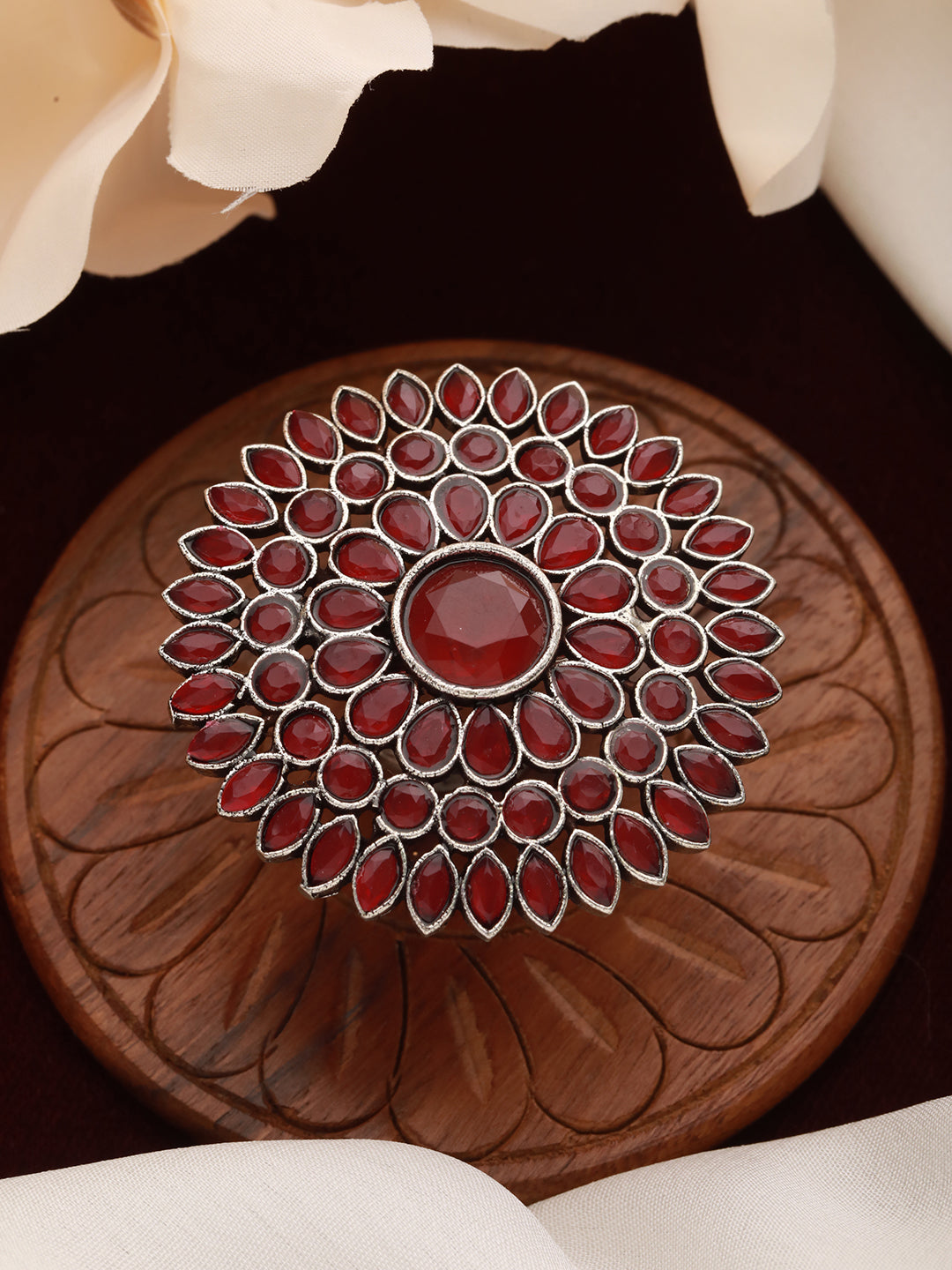 Silver-Plated Red Stone Studded Flower Shaped Adjustable Finger Ring