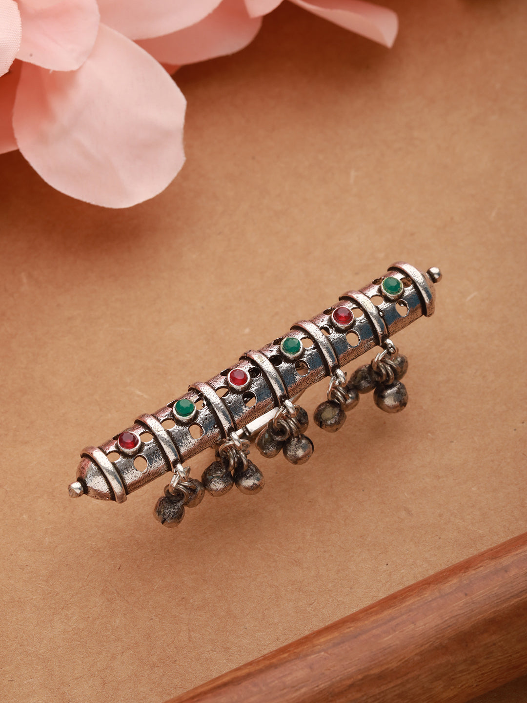 Silver Plated Red & Green Stone Studded Adjustable Finger Ring
