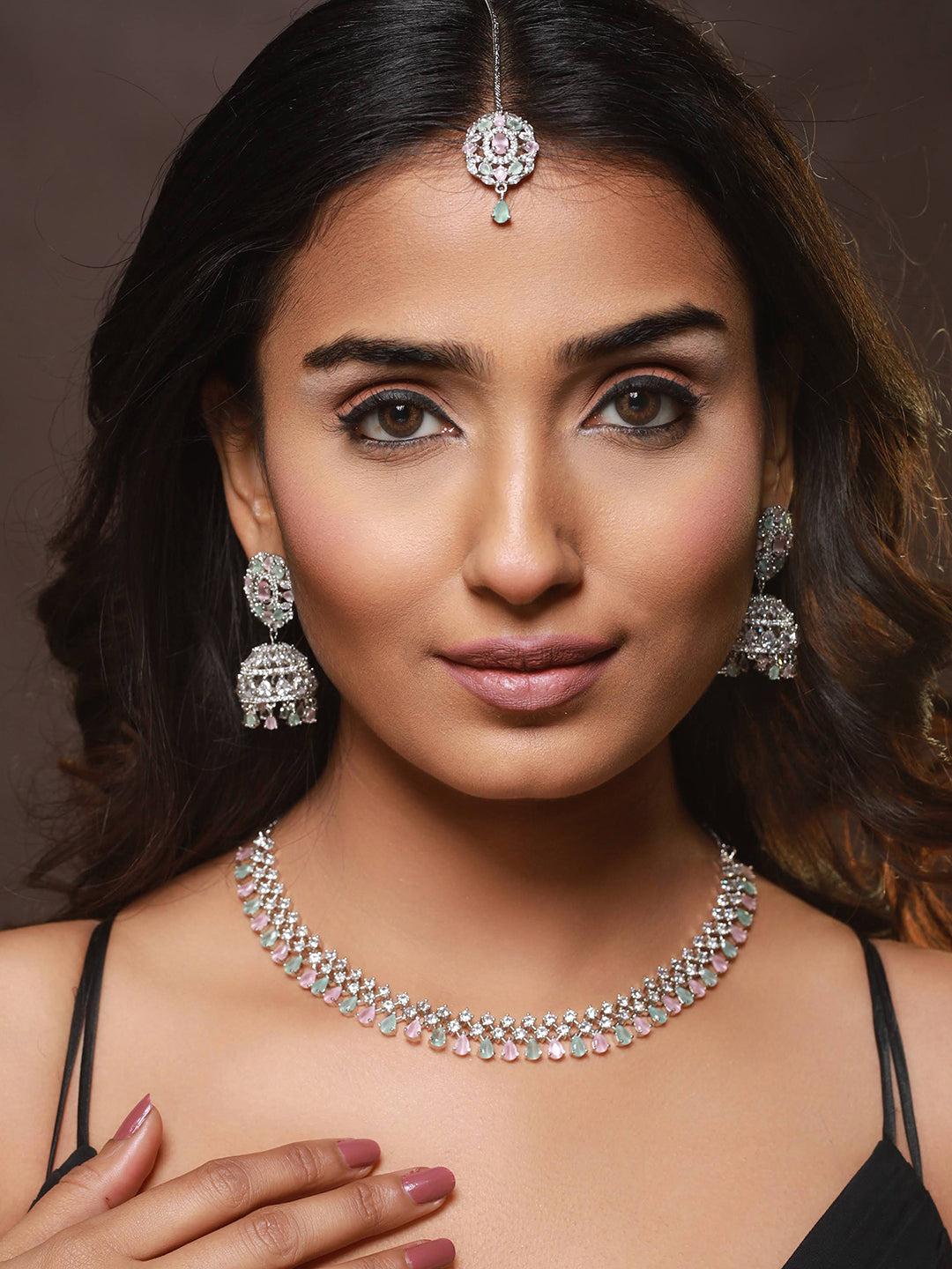 Silver Plated Pink & Mint Green American Diamond Studded Handcrafted Necklace Set With Maangtikka
