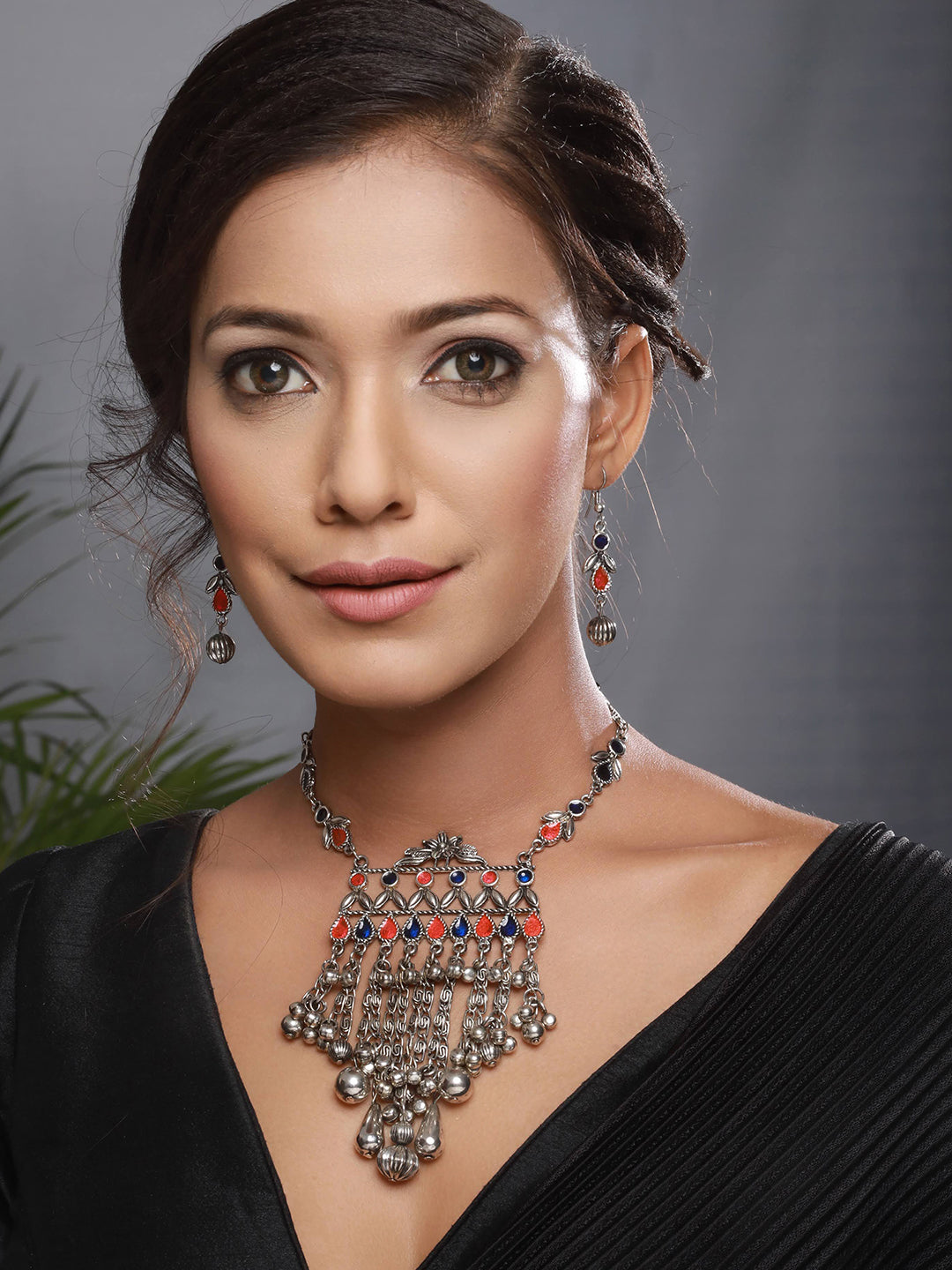 Silver-Plated Oxidised Enamelled & Beaded Necklace & Earrings