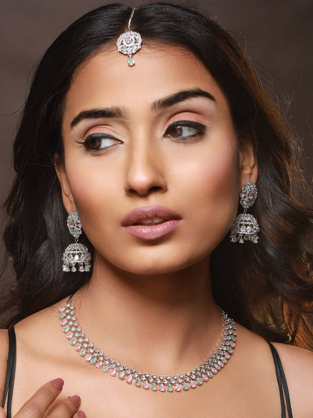 Silver Plated Pink & Mint Green American Diamond Studded Handcrafted Necklace Set With Maangtikka