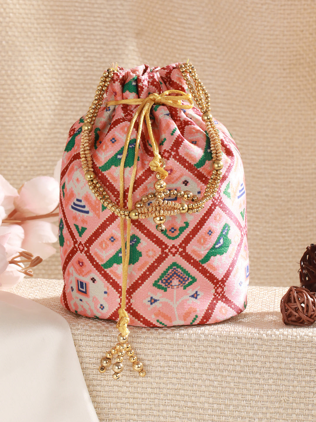Jazz And Sizzle Pink & Green Embroidered Embellished Potli Clutch
