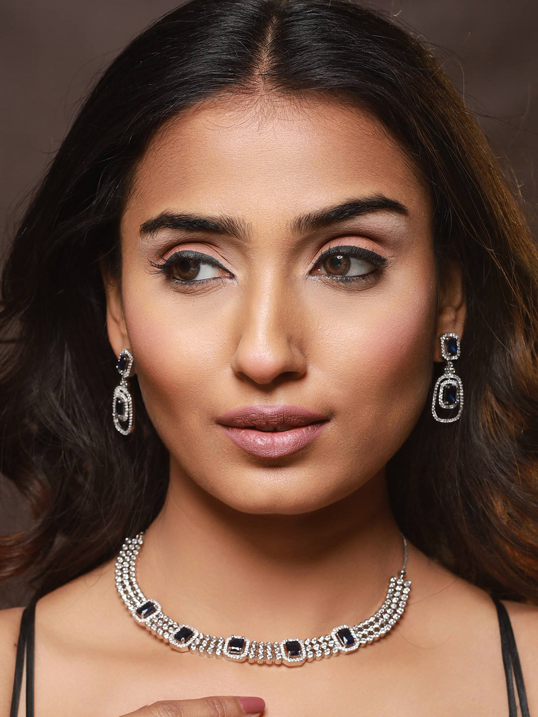 Silver Plated Blue American Diamond Studded Handcrafted Jewellery Set