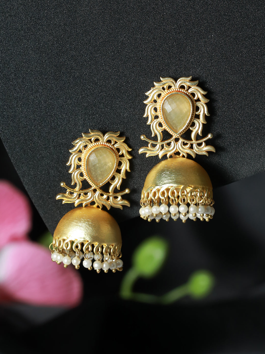 Gold-Plated & Yellow Monalisa Stone Studded Dome-Shaped White Beaded Jhumka