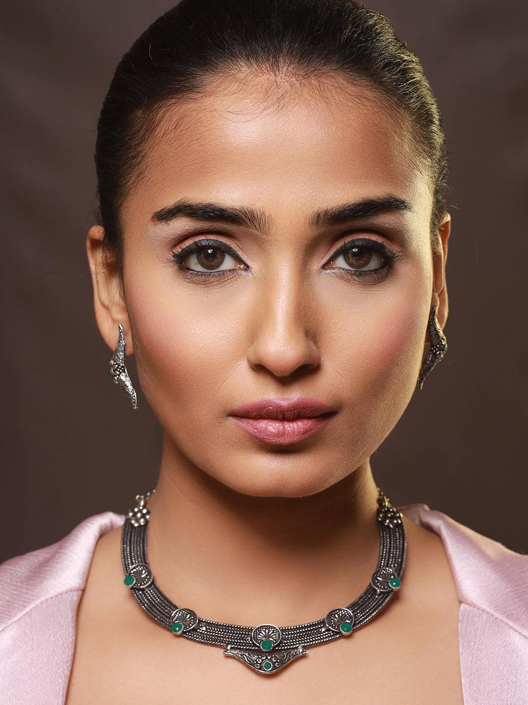 Oxidised Silver-Tone Green Stone Studded Filgree Jewellery Set