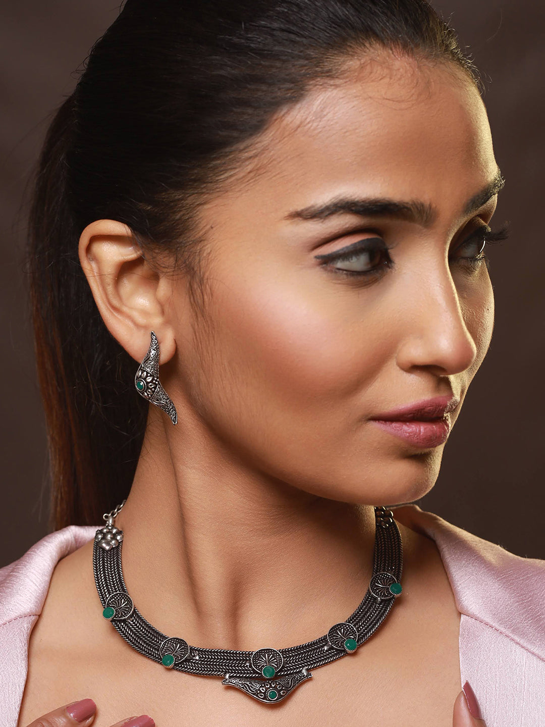 Oxidised Silver-Tone Green Stone Studded Filgree Jewellery Set