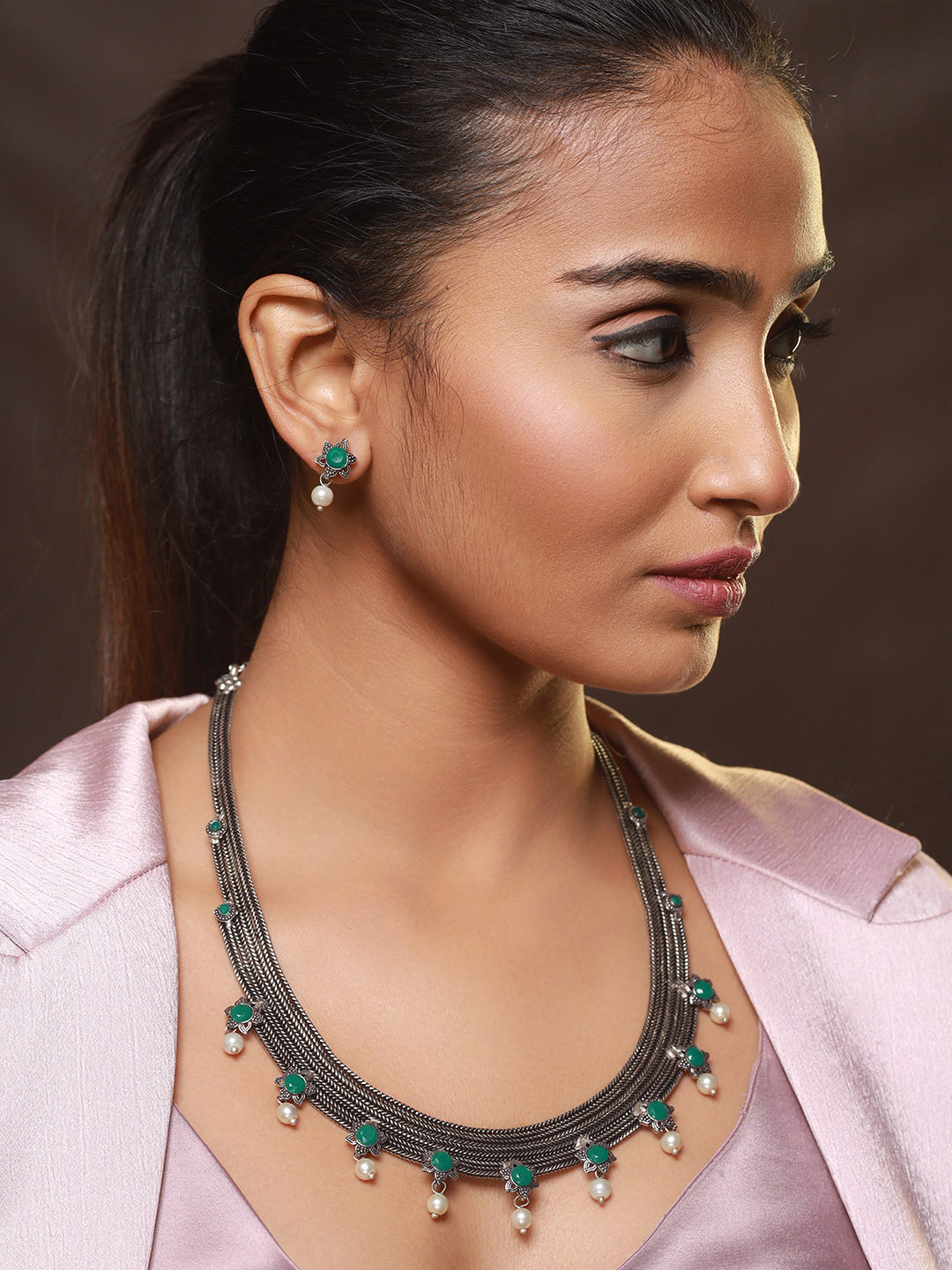 Oxidised Silver-Tone Green Stone Studded & Pearl Beaded Jewellery Set