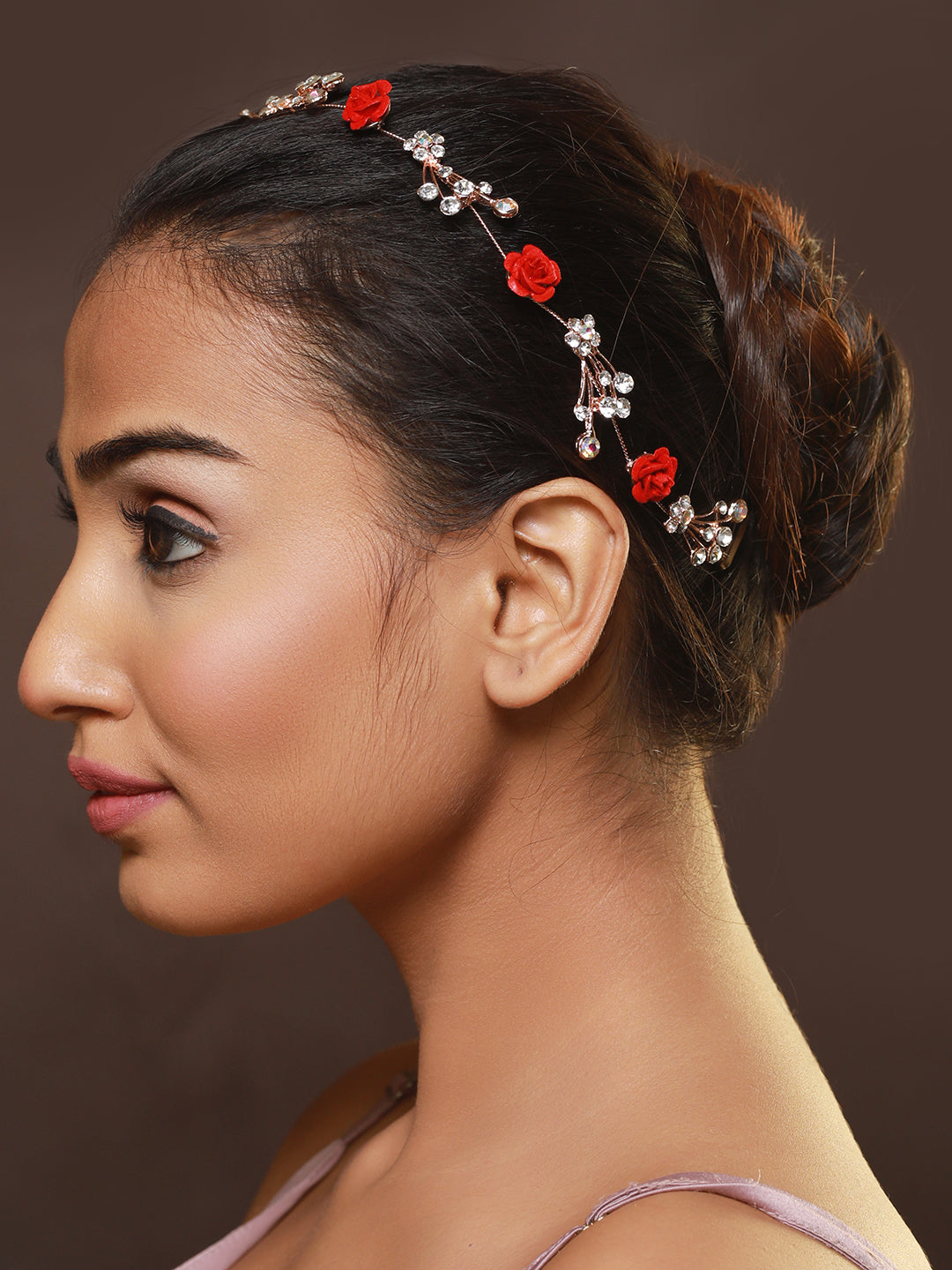 Women Red-Coloured Rose & White Embellished Hand Made Pearl Floral Hair Vine
