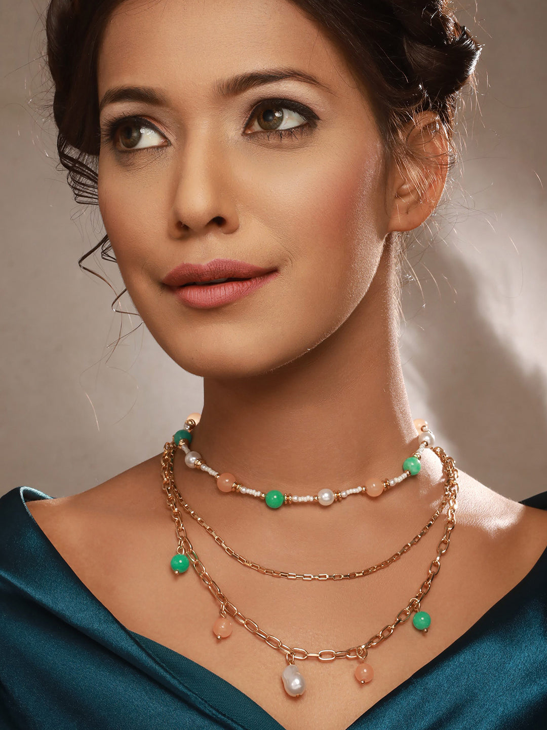 Gold Plated & Multicolored Pearl Layered Necklace