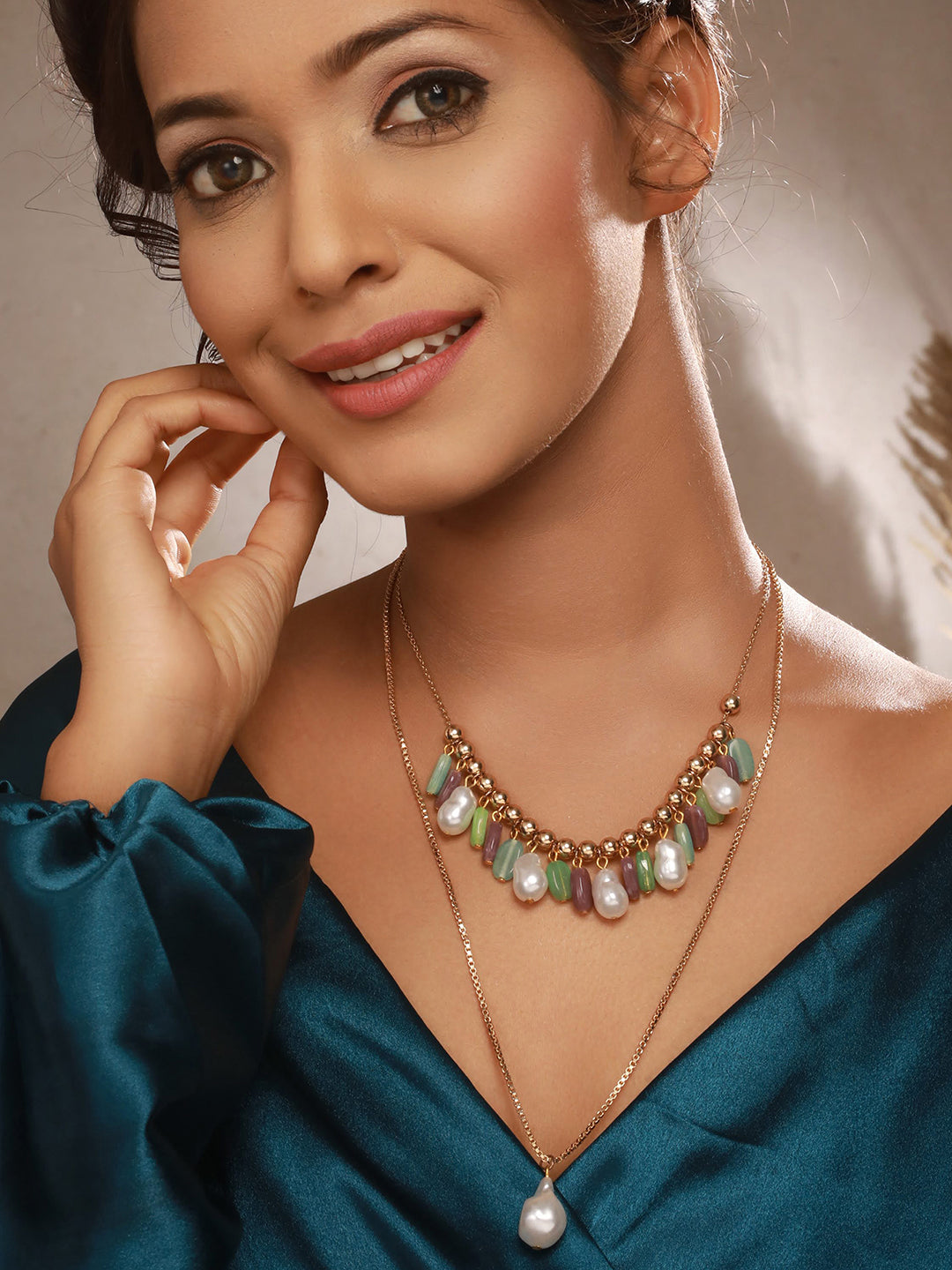 Jazz And SizzleLuxury Gold Necklace with Pearls and Multicolor Stones