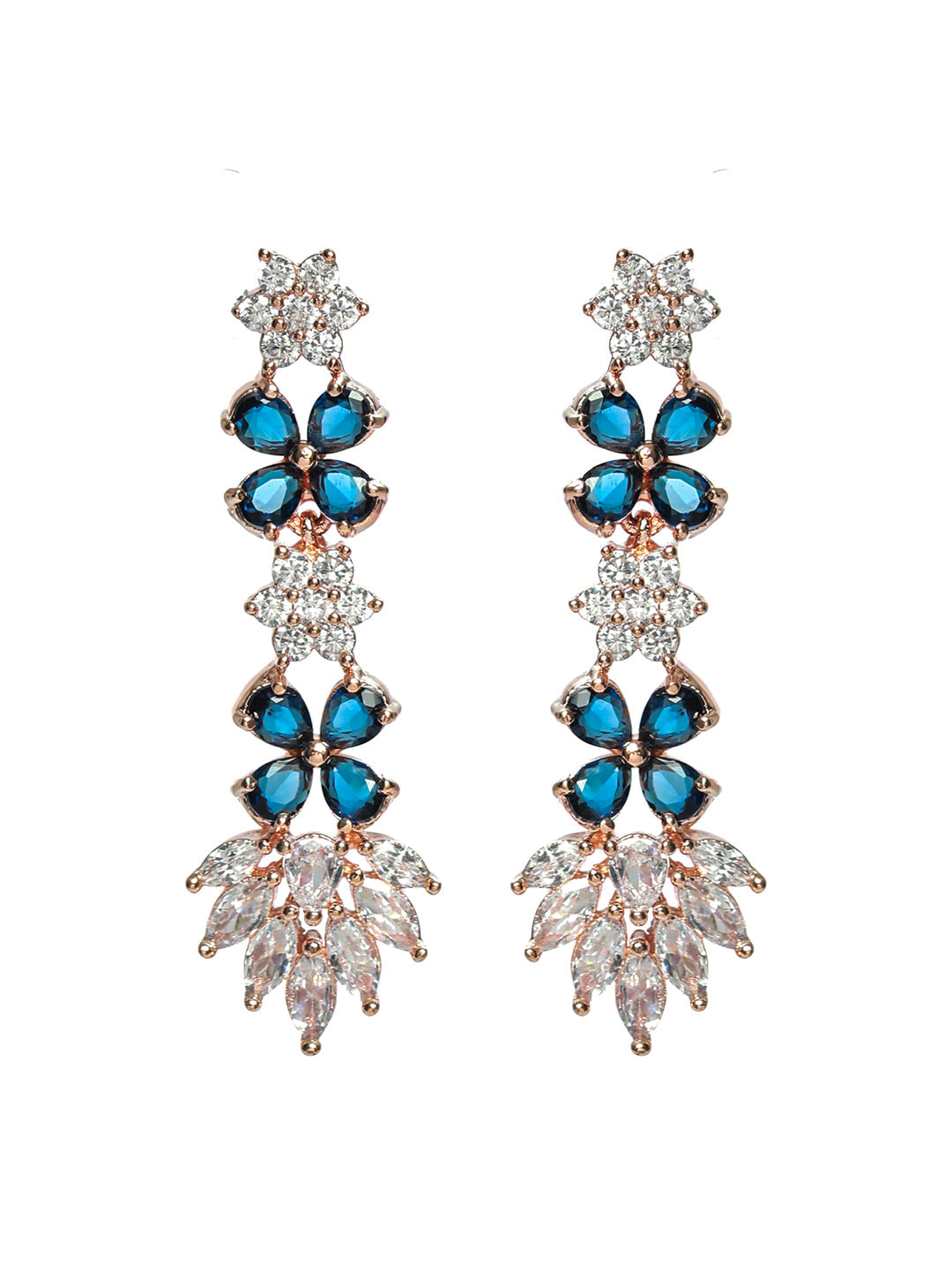 Rose Gold-Plated Blue & White Ameriacna Diamond & Cz-Studded Floral Jewellery Set