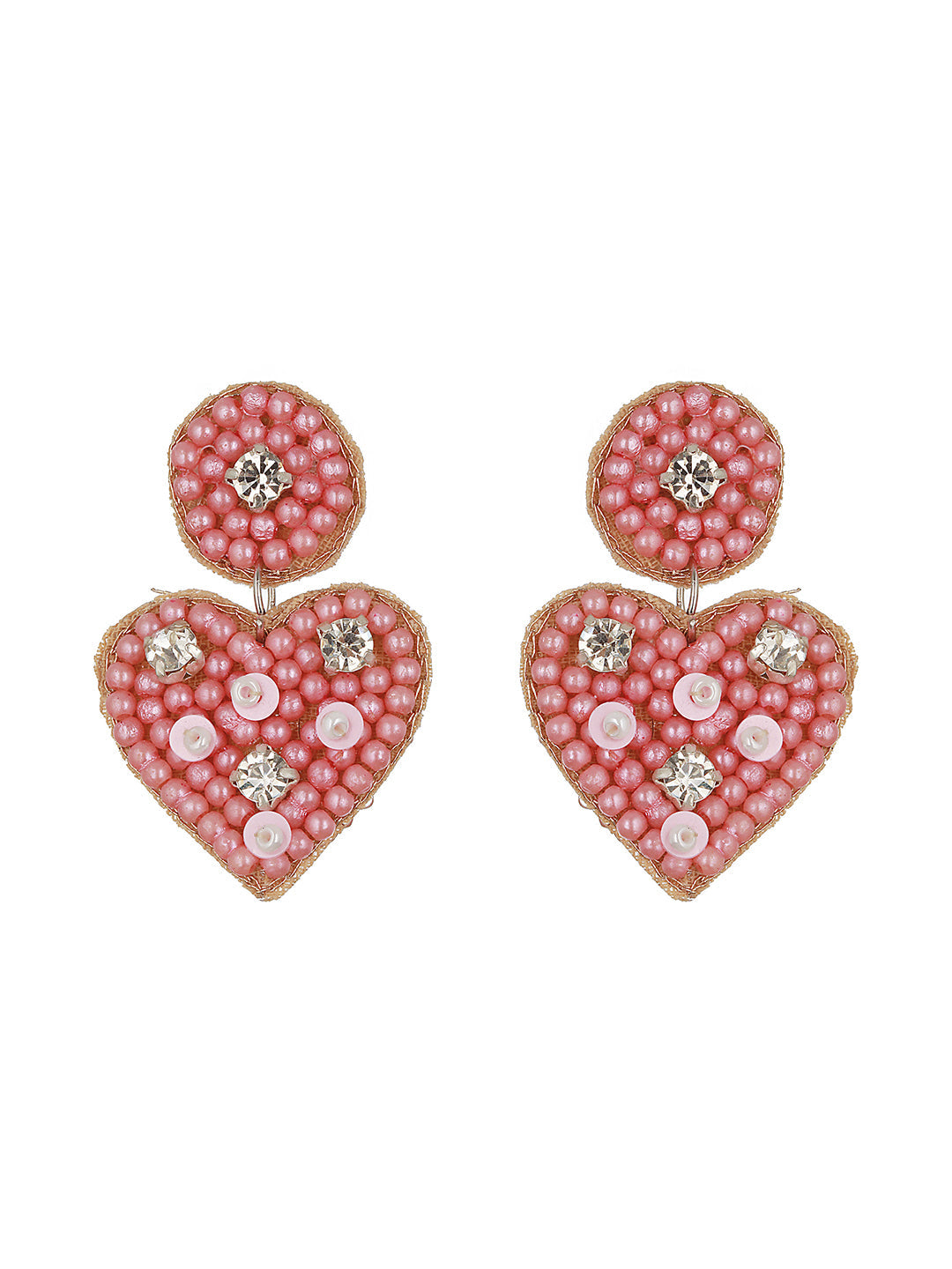 Purple Beaded & Cz Studded Heart Shaped Contemporary Drop Earrings
