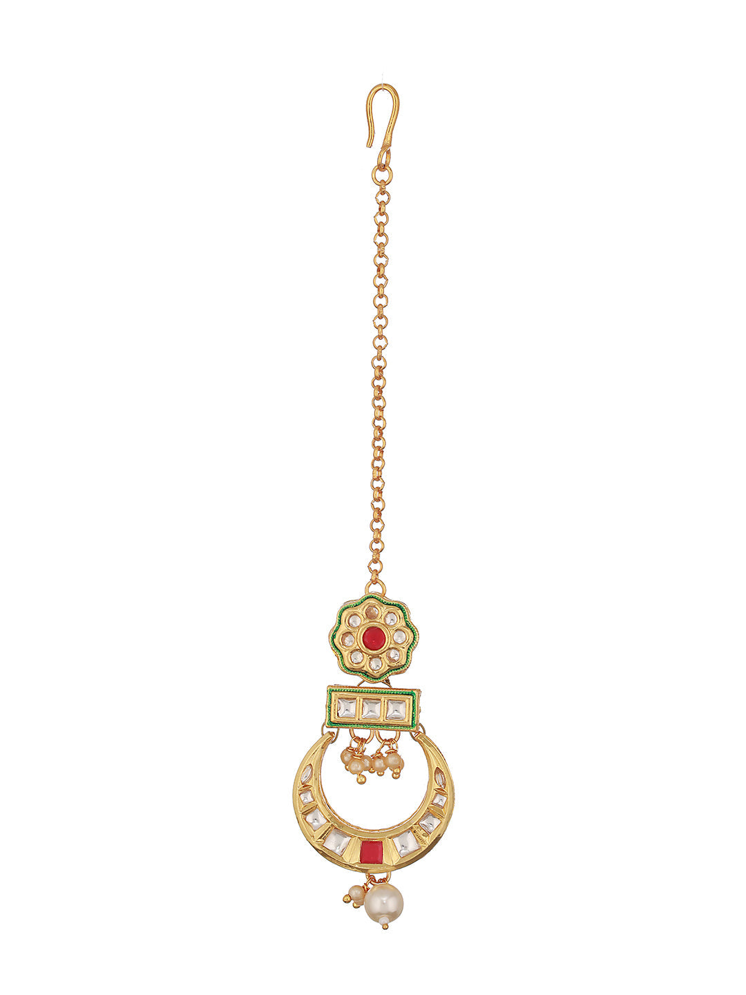 24K Gold-Plated Red & White Kundan & Green Meenakari Maangtika.