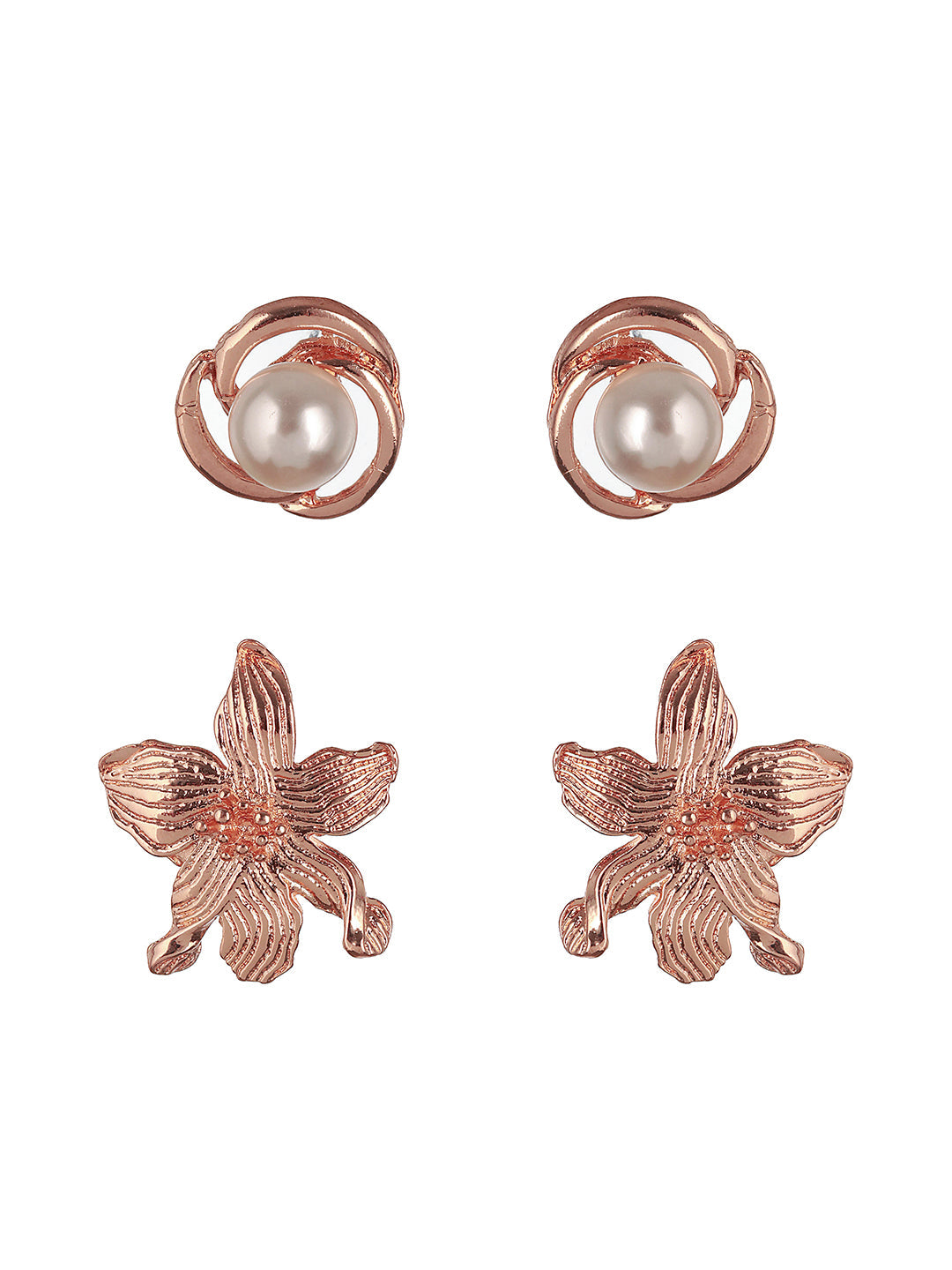 Set Of 2 Rose Gold Plated & Pearl Floral Stud Earrings