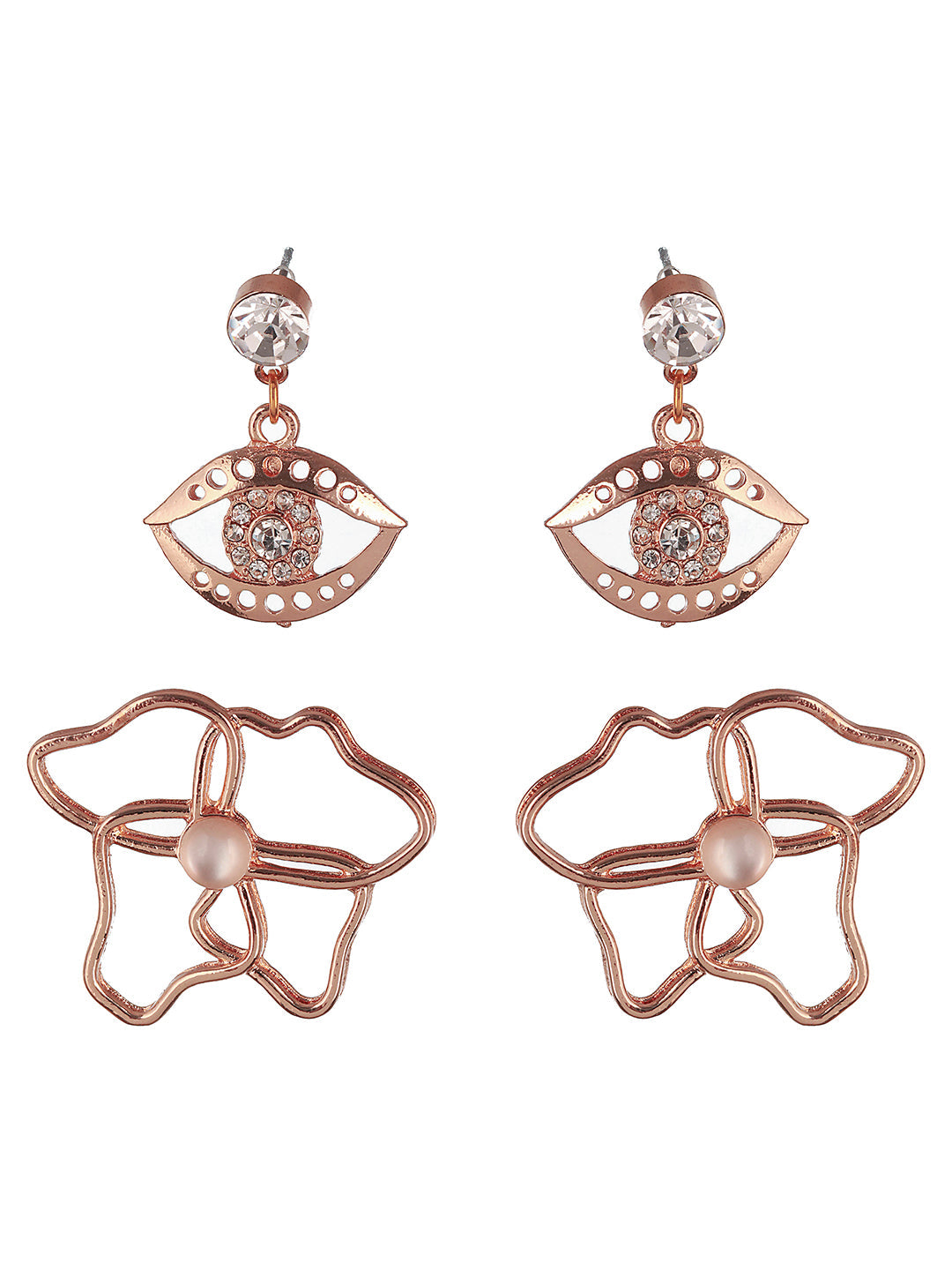 Set Of 2 Rose Gold Plated Evil Eye & Floral Drop Earrings