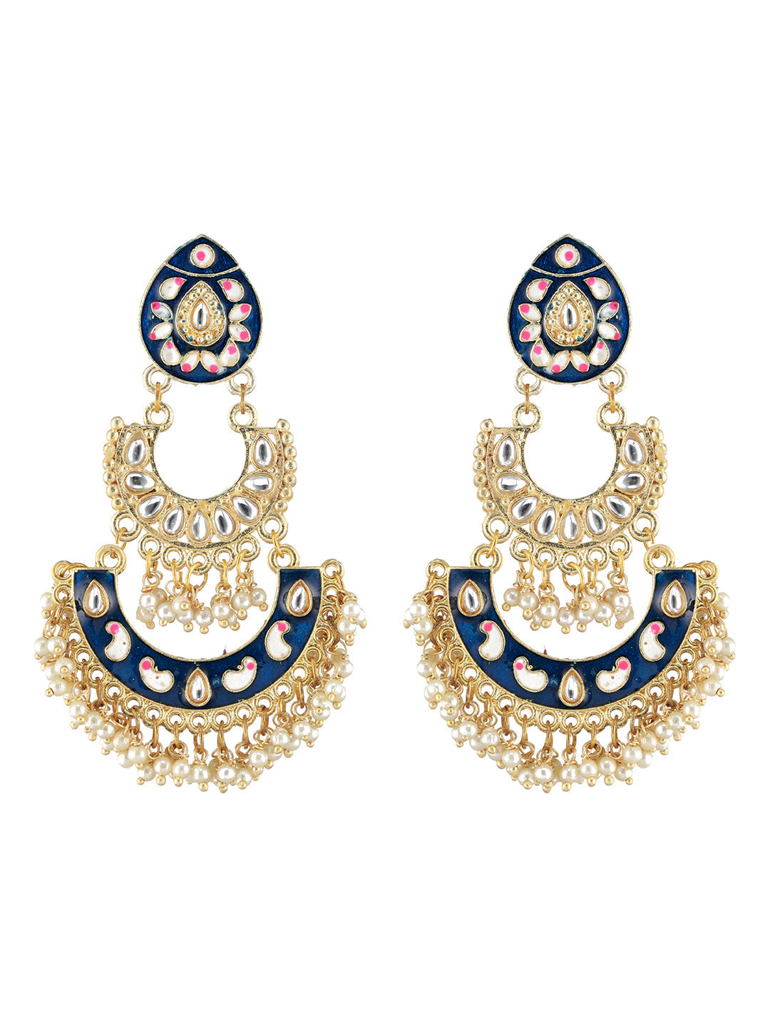 Blue Gold-Plated Meenakari & Pearls Beaded Chandbalis Earrings
