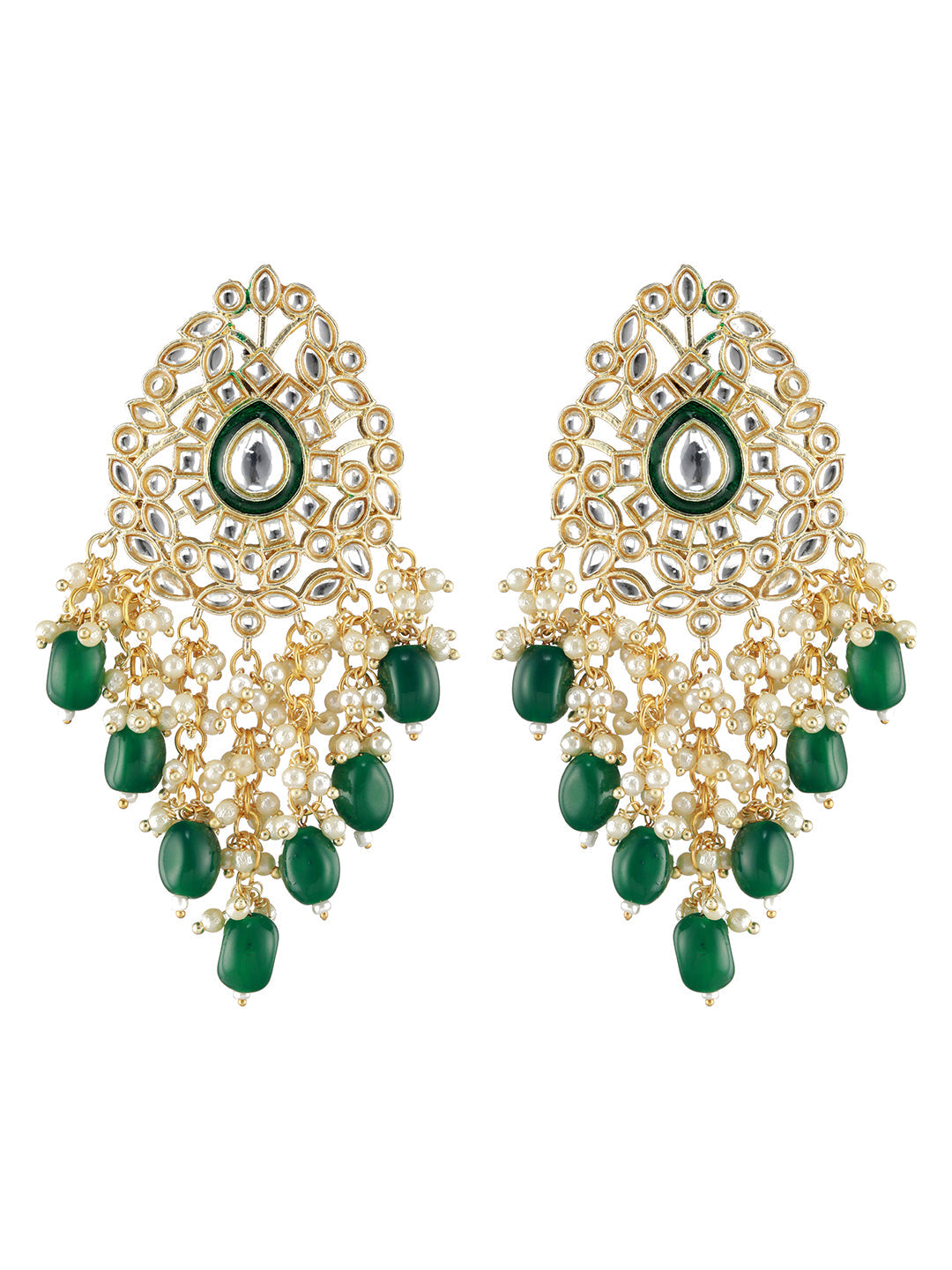 Green Gold Plated Kundan Studded & Beaded Meenakari Drop Earrings