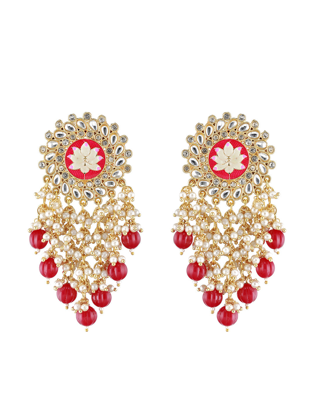 Maroon Gold Plated &Cz Studded & Beaded Meenakari Drop Earrings