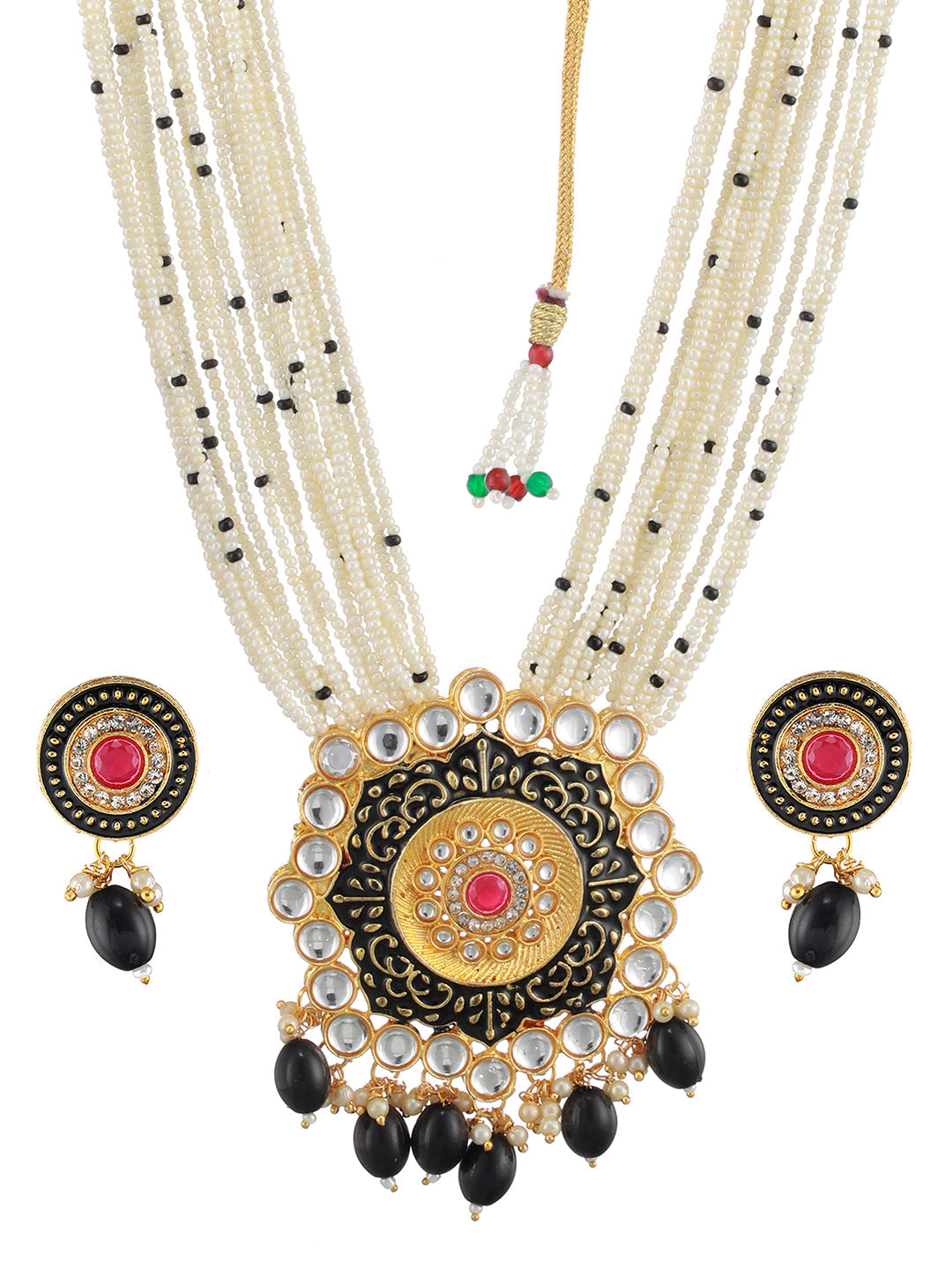 Gold-Plated Stone-Studded & Beaded Meenakari Jewellery Set
