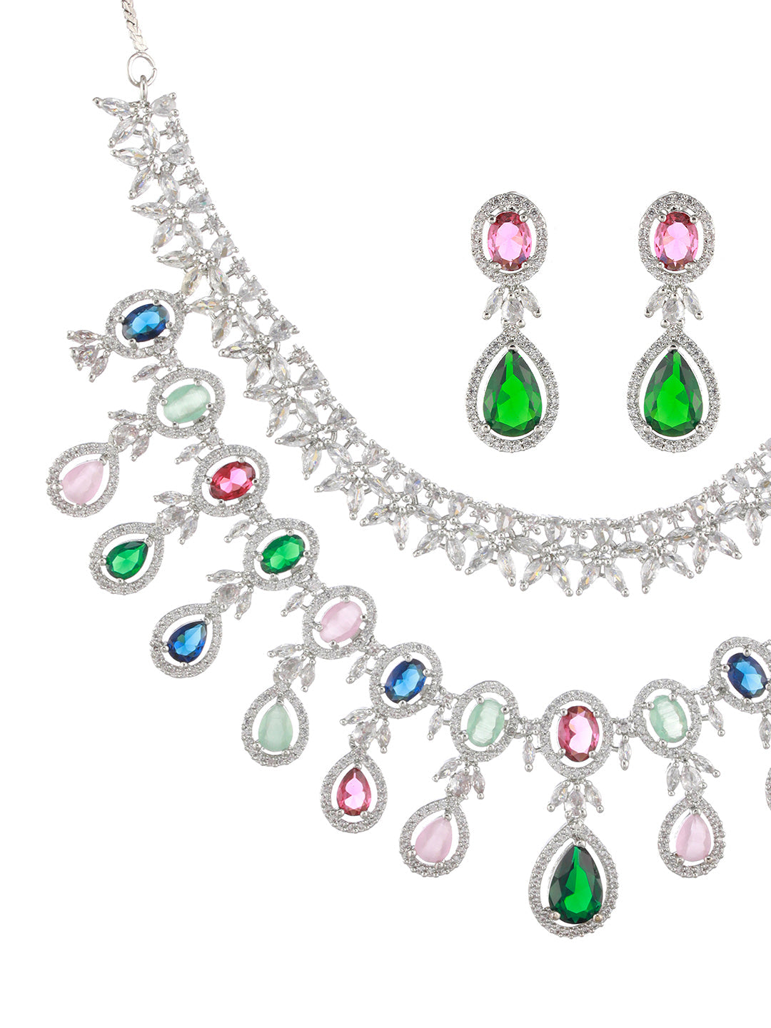 Silver-Plated Ad-Studded & Beaded Layered Jewellery Set