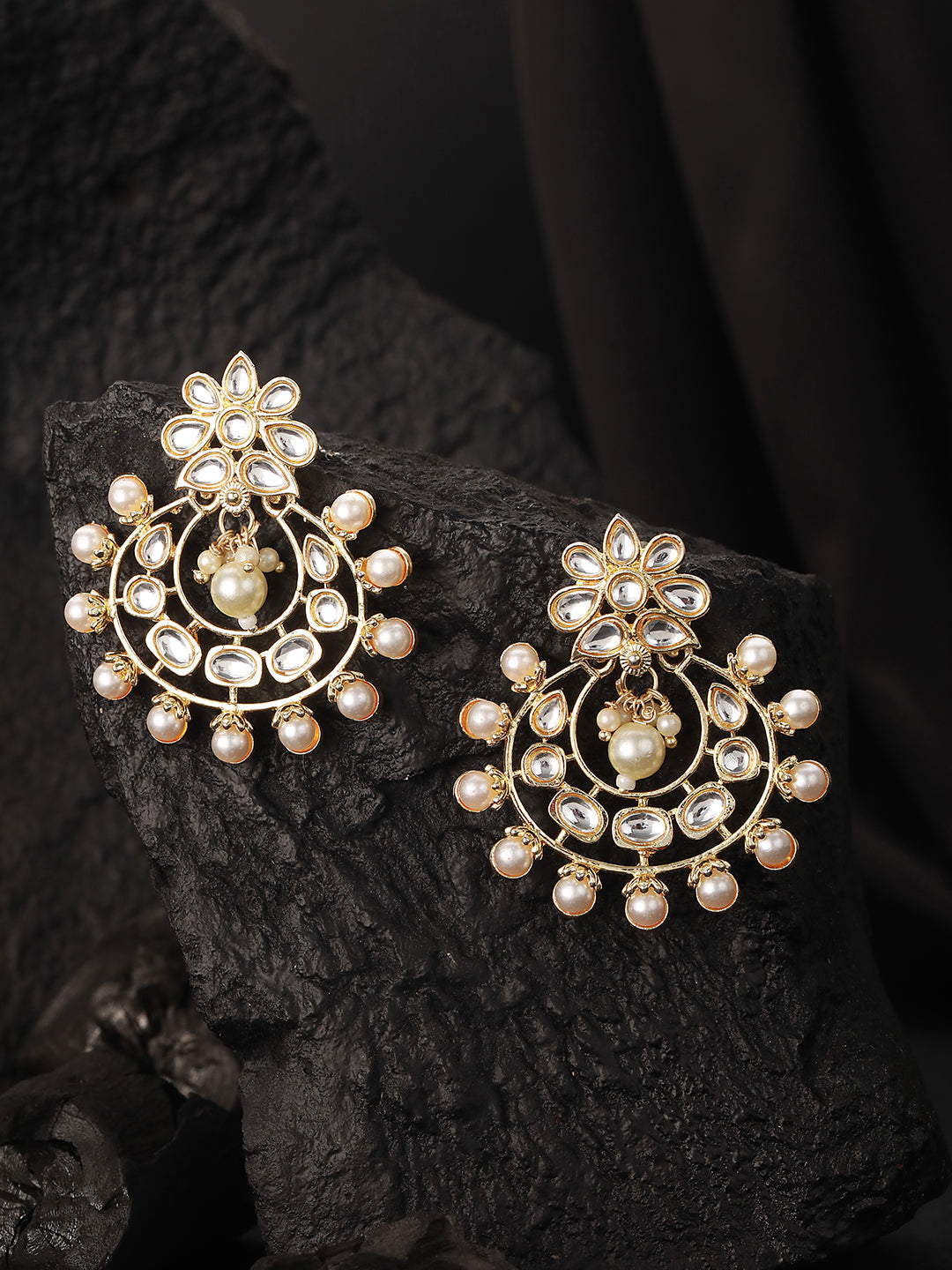 Gold-Plated & White Crescent Shaped Chandbali Earring